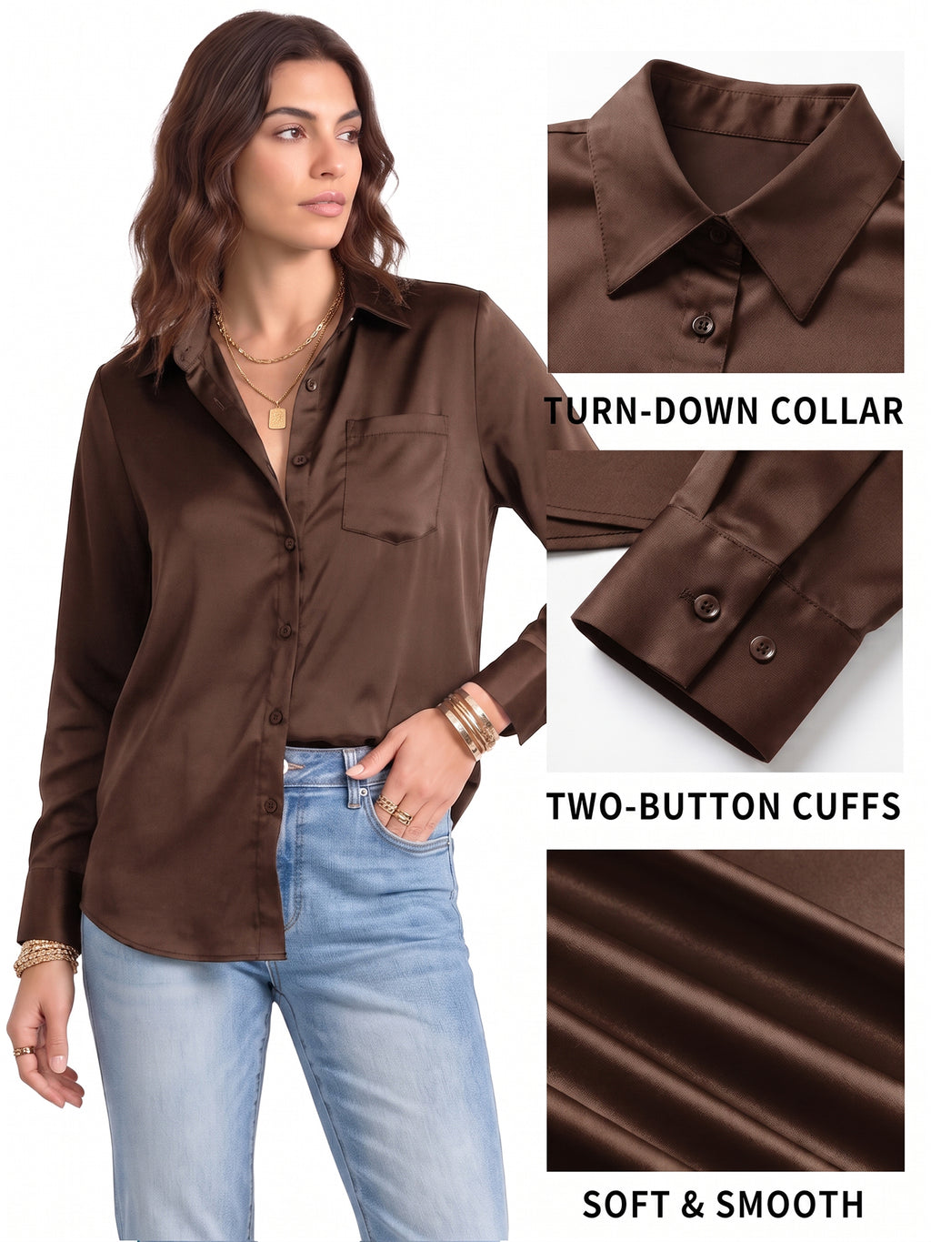 MOYIKO Button Down Shirts for Women Long Sleeve Stain Silk Collared Work Office Basic Business Dress Shirts Blouses Tops