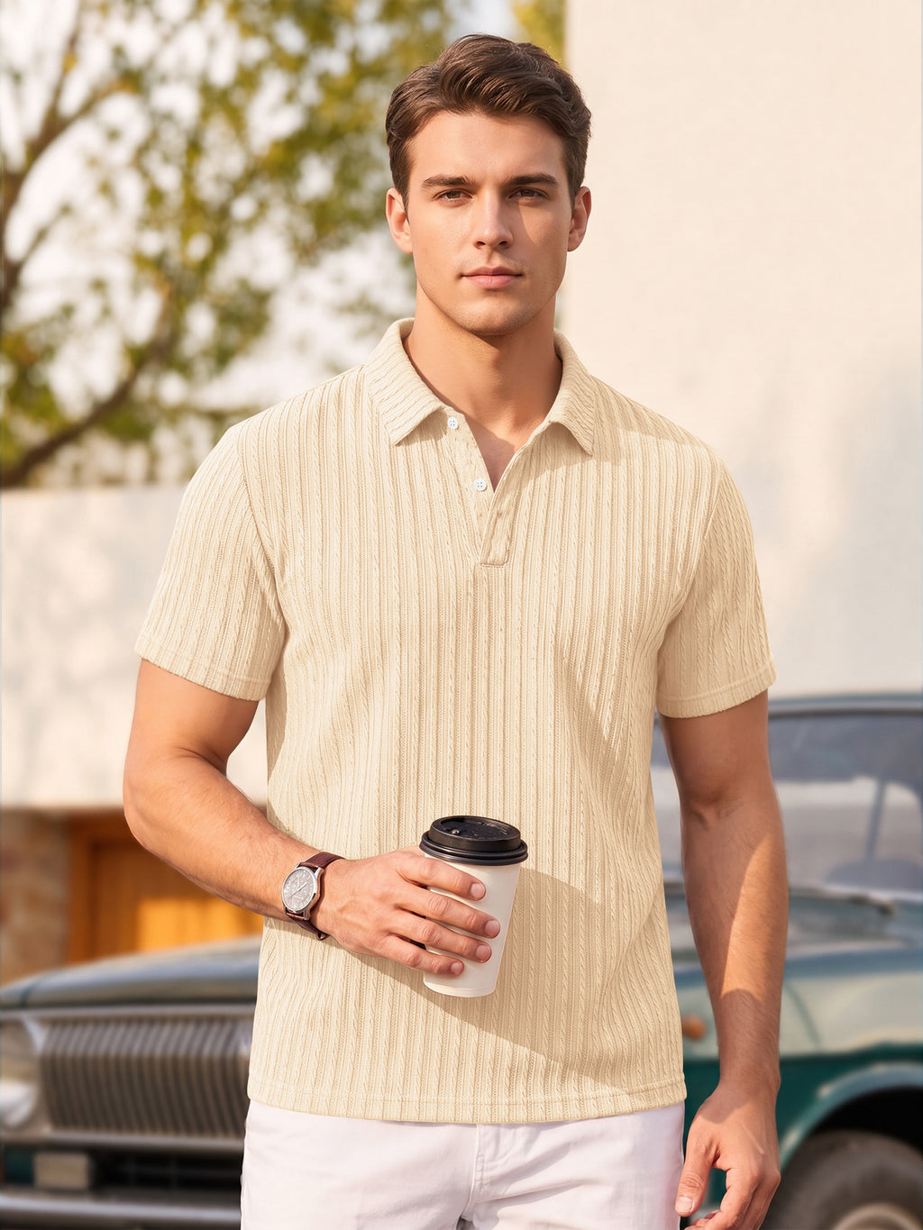 RICHCOIN Mens Casual Polo Shirt Summer Short Sleeve Vacation Button Beach Knit Stretchy Golf Shirts