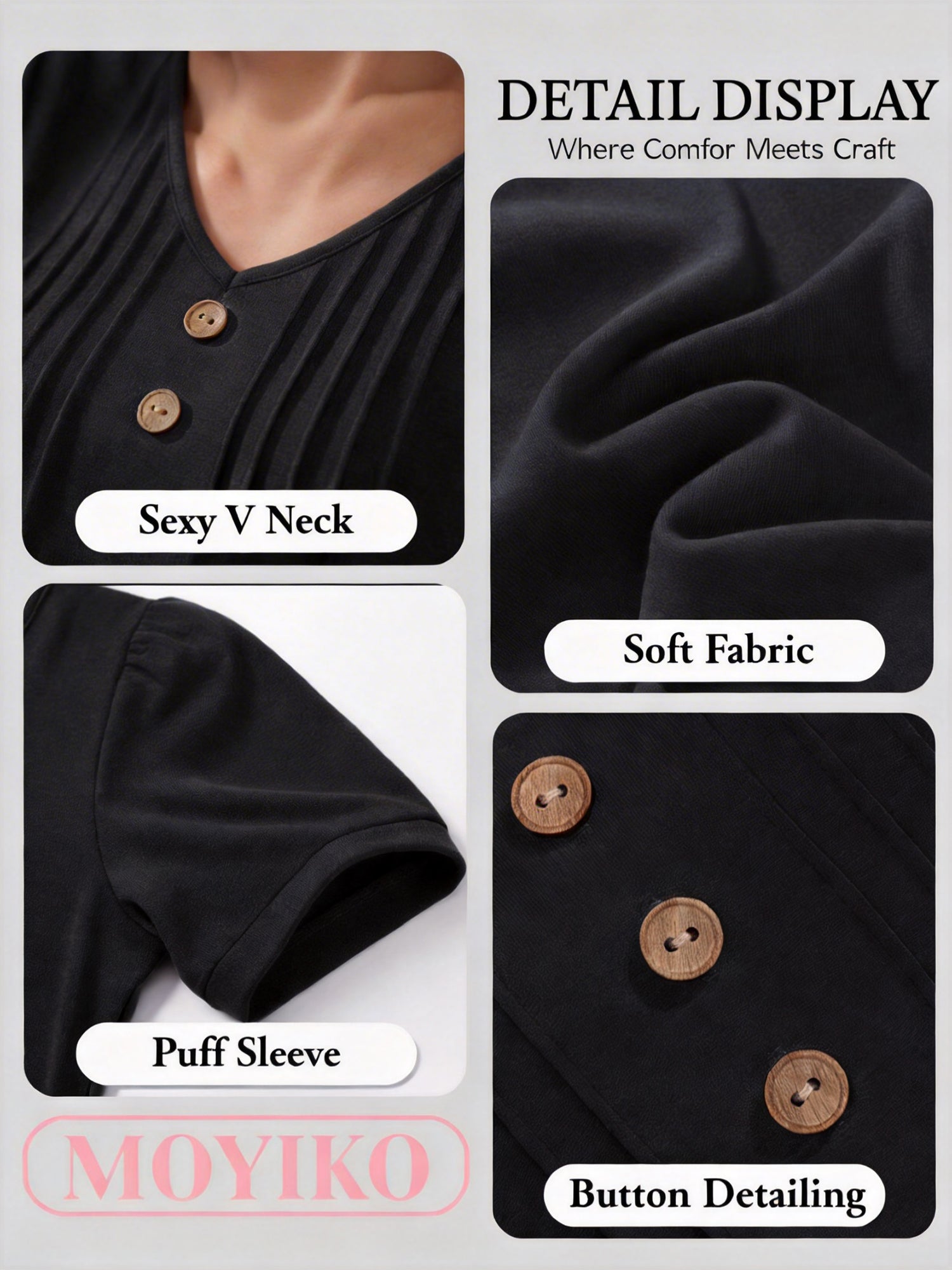 MOYIKO Blouses for Women Pleated Button Puff Short Sleeve Shirts Dressy Casual V Neck Tunic Tops Summer Shirts