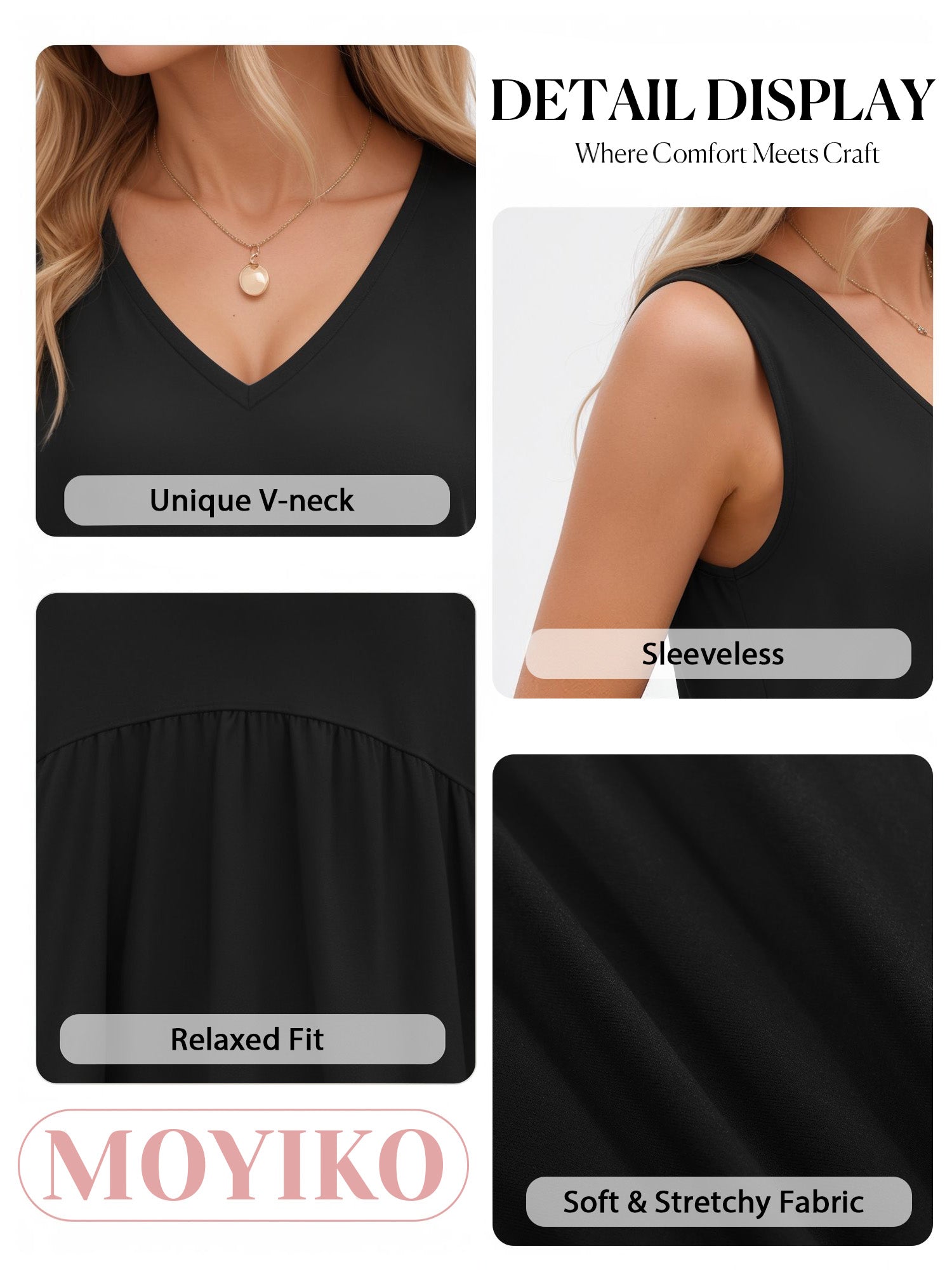 MOYIKO Tank Tops for Women V Neck T Shirts Summer Trendy Sleeveless Dressy Casual Peplum Flowy Babydoll Loose Fit