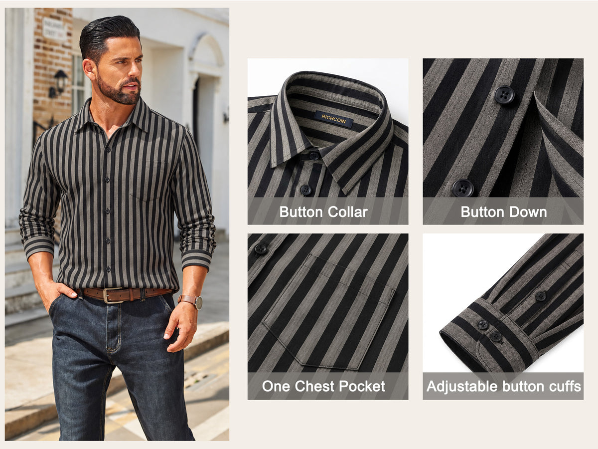 RICHCOIN Mens Striped Collared Button-Down Dress Shirts Long Sleeve Casual Business Office Shirt Tops