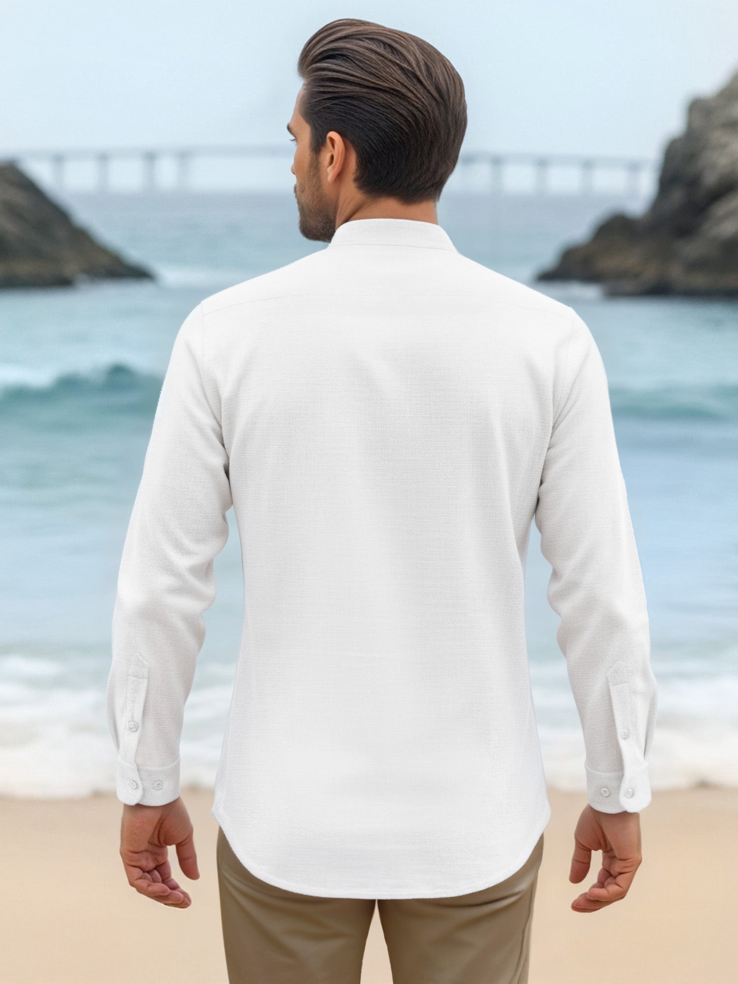 OALUXE Men's Linen Shirts Long Sleeve Button Down Shirt Band Collar Casual Summer Beach Shirts