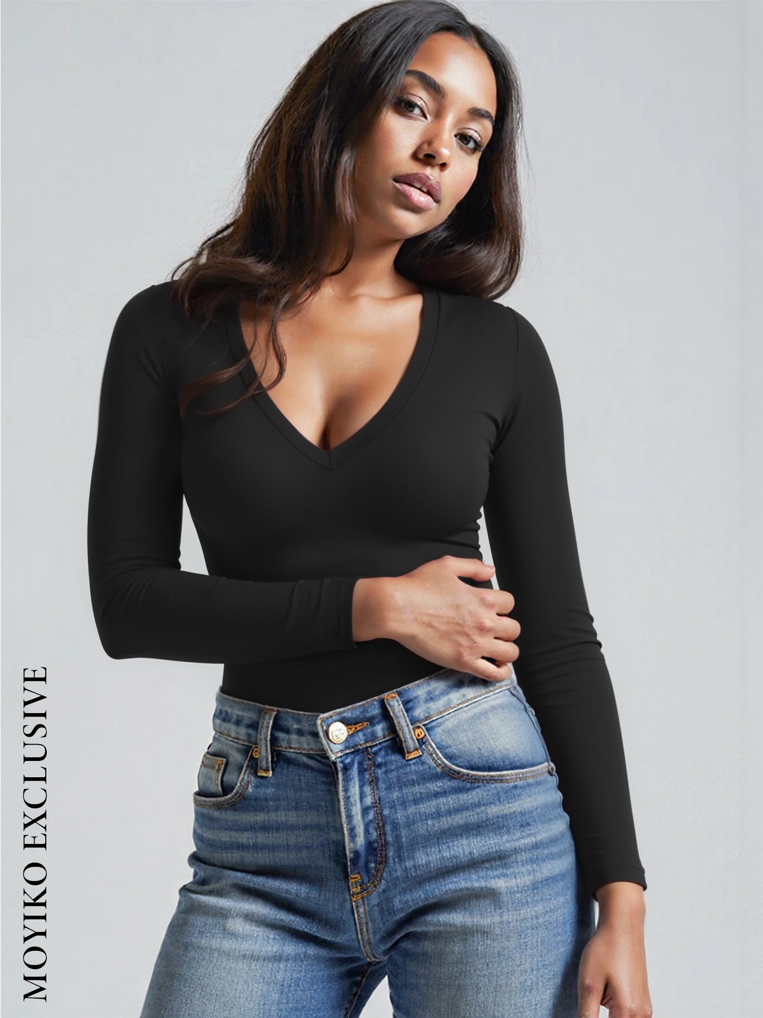 MOYIKO V Neck Tight Long Sleeve Shirts for Women Fitted Tops Slim Tee