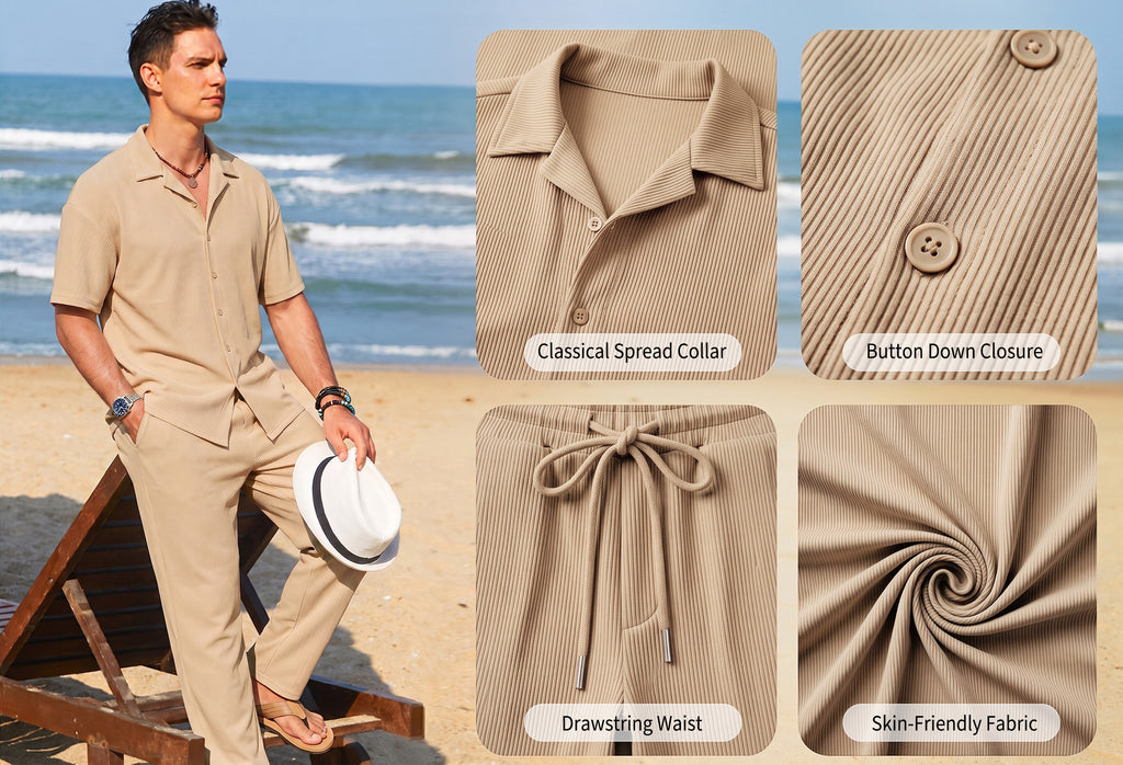 RICHCOIN Men's 2 Piece Beige Summer Beach Button Down Shirt & Pant Outfit Set