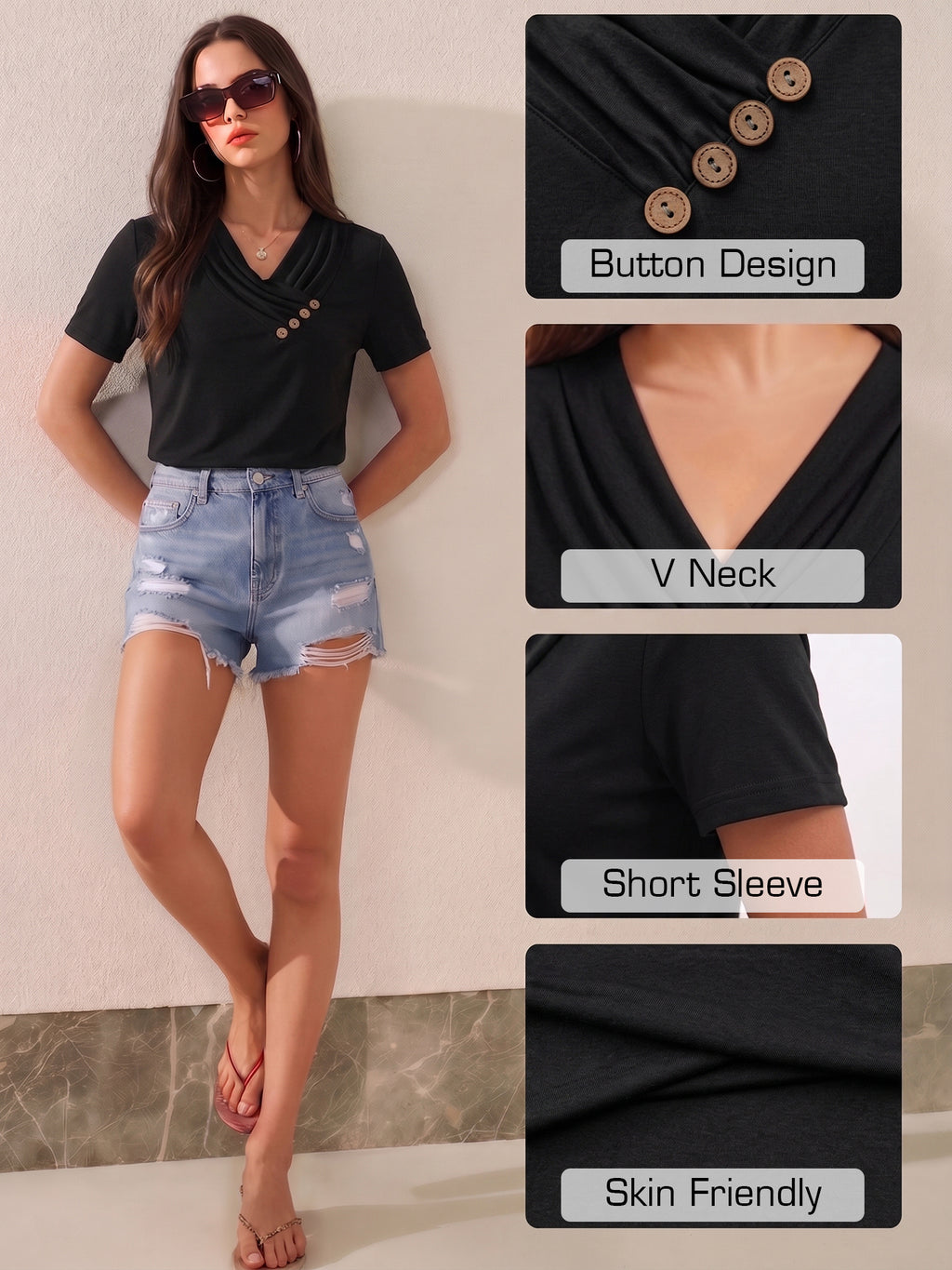 MOYIKO Blouses for Women Summer Short Sleeve Tunic Top V Neck Button Dressy Casual Business Shirts