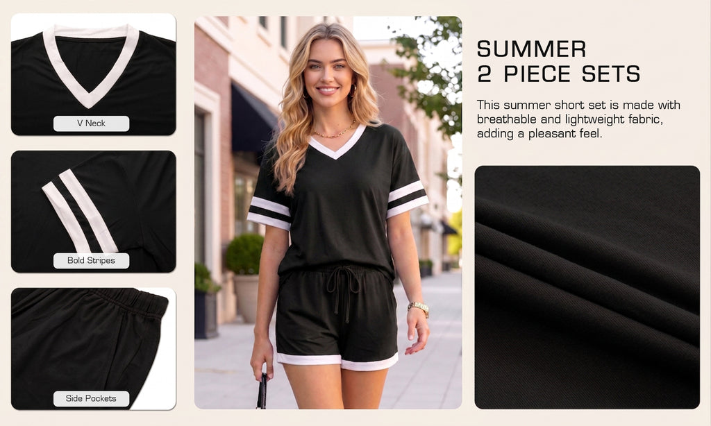 MOYIKO Women 2 Piece Short Sets V Neck Color Block Matching Lounge Sets Casual Summer Sweatsuit with Pocket