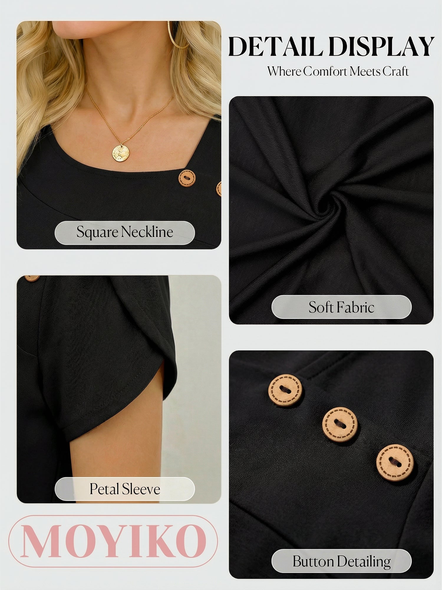 MOYIKO Womens Petal Sleeve Tops Summer Trendy T Shirt Casual Loose Square Neck Button Blouse Tees
