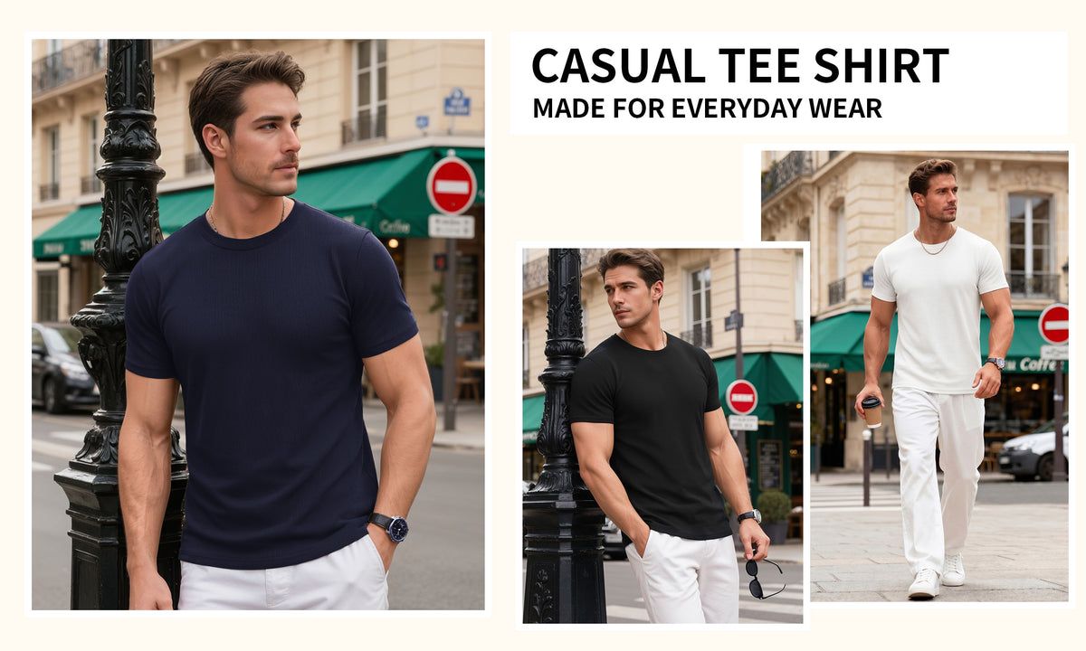 RICHCOIN Short Sleeve T-shirt for Men Ribbed Summer Top Blue Casual Crewneck Slim Fit Tee Shirts