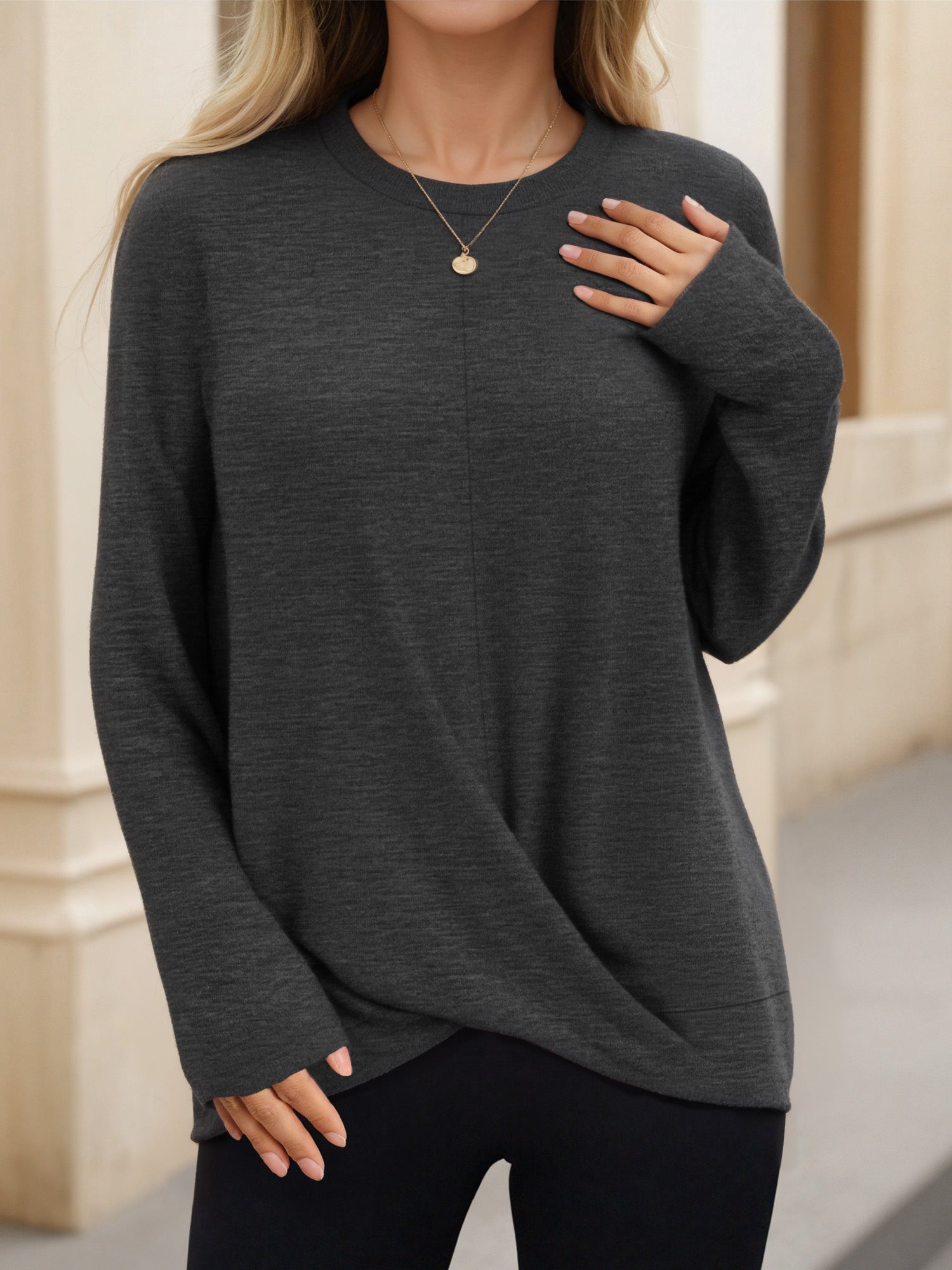 OALUXE Long Sleeve Shirts for Women Dressy Casual Tunic Tops Crewneck Front Twist Blouses