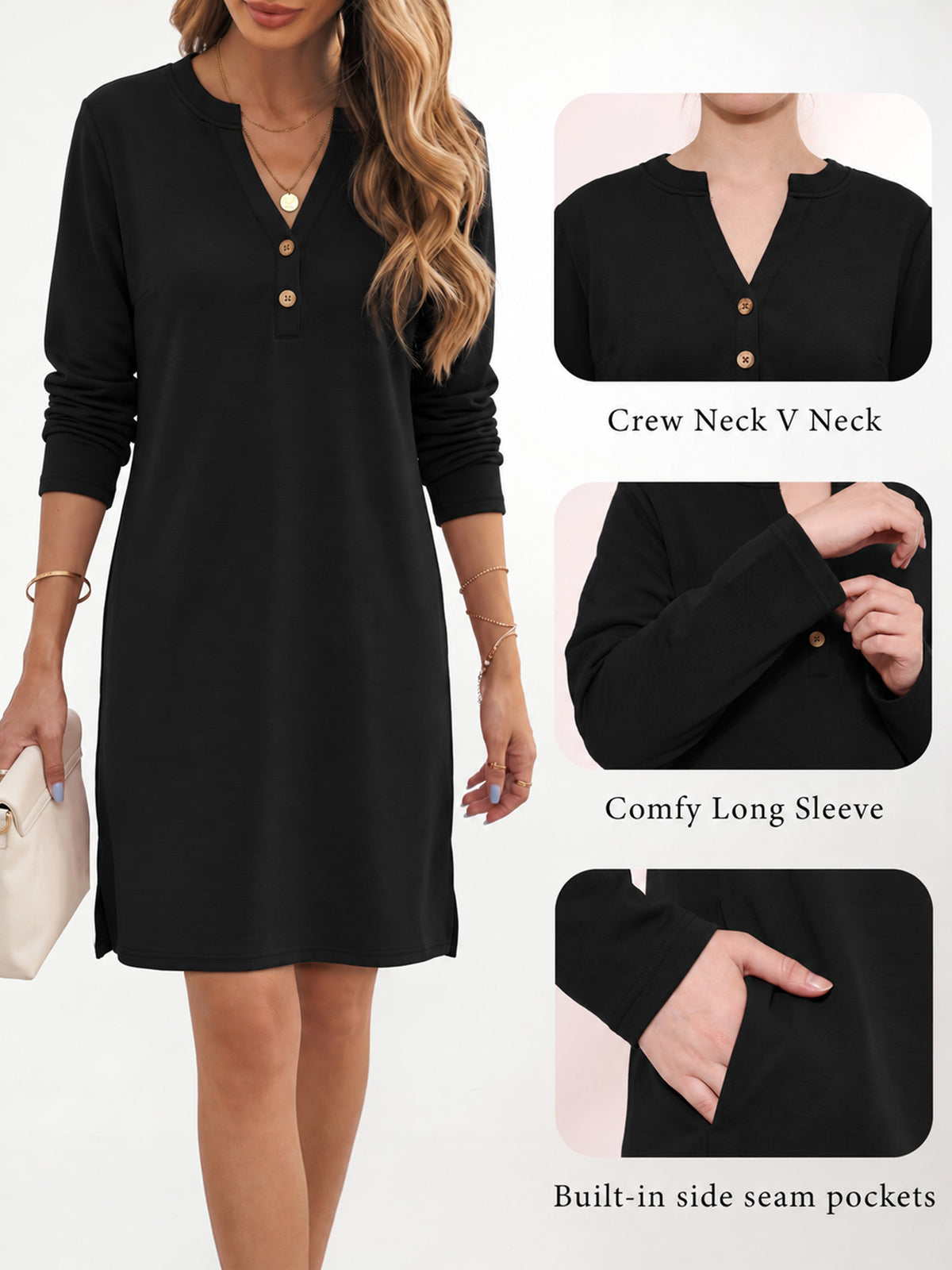 MOYIKO Women's Henley Long Sleeve T-Shirt Dress V Neck Button Down Shift Dress Casual Loose Fit for Going Out Daily Wear