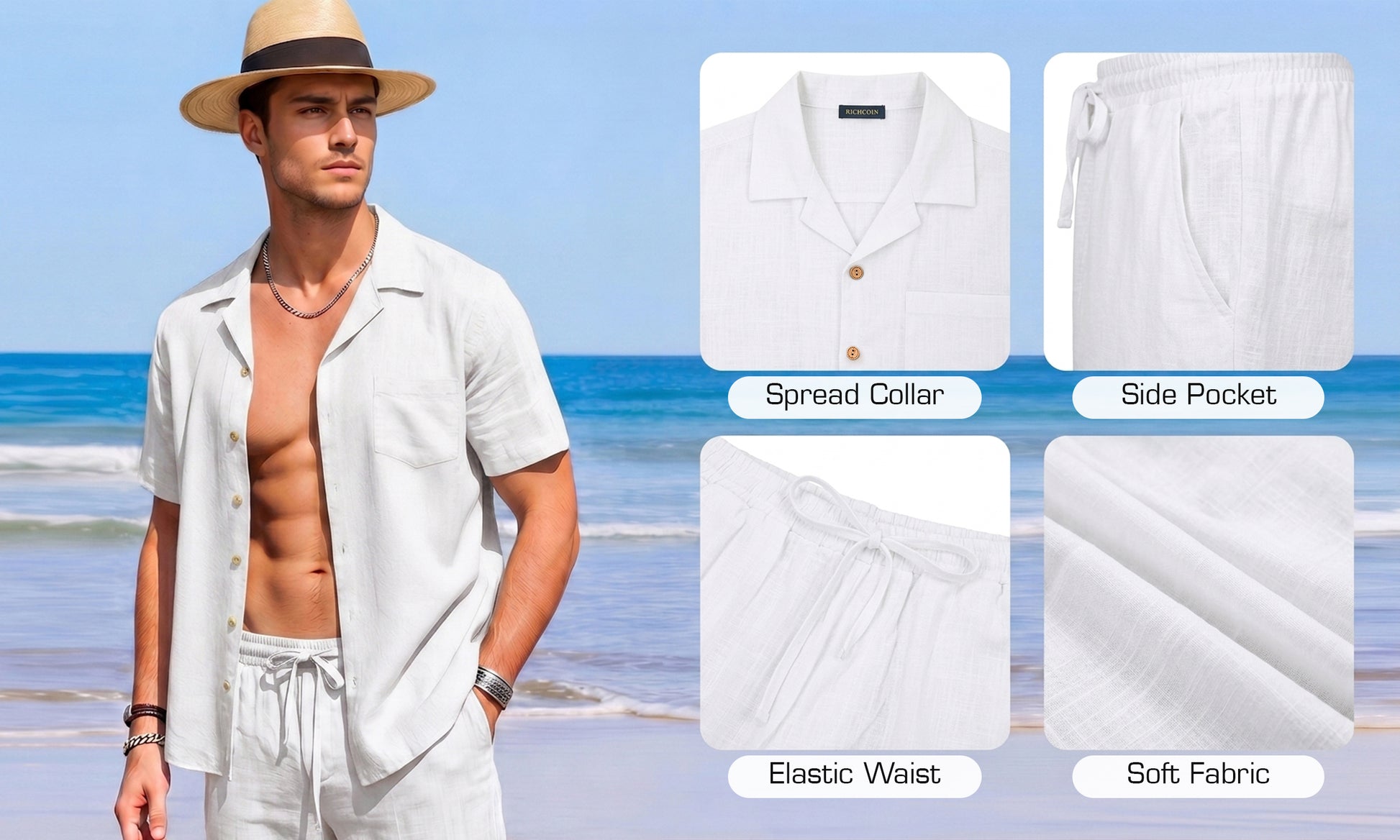 RICHCOIN Men 2 Piece Linen Outfit Beach Button Down Shirt Casual Loose Pant Sets