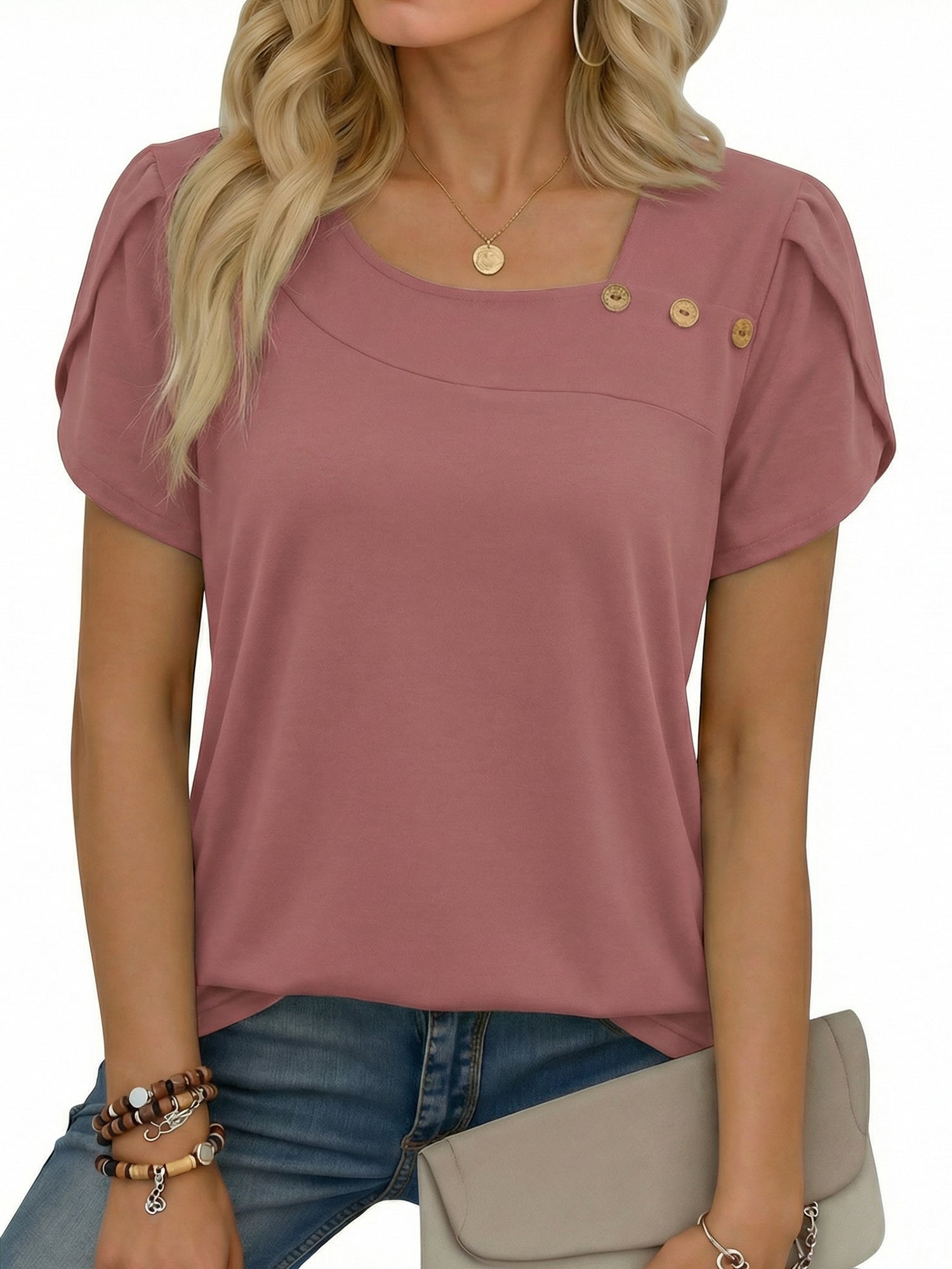 MOYIKO Womens Petal Sleeve Tops Summer Trendy T Shirt Casual Loose Square Neck Button Blouse Tees