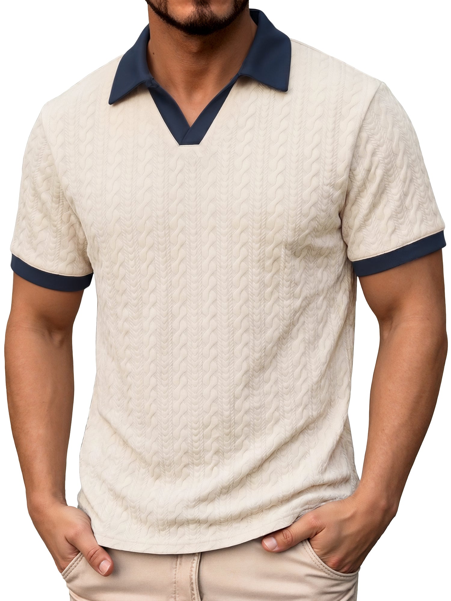 RICHCHOIN Polo Shirts for Men V Neck Short Sleeve Golf Shirts Casual Textured Knit Old Money Tops