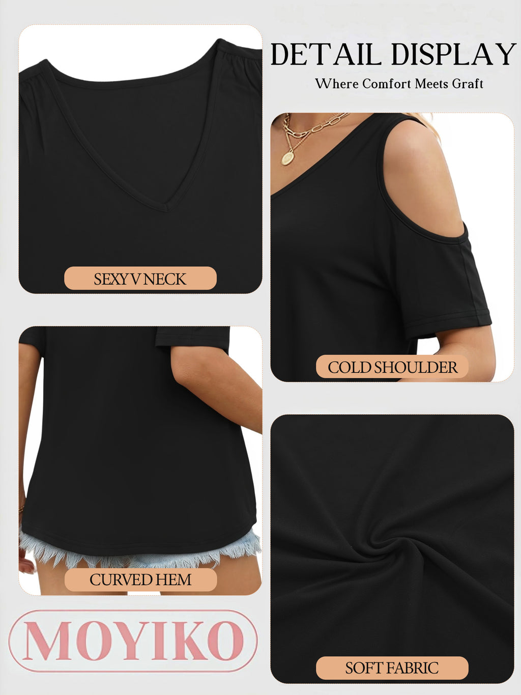 MOYIKO Women's Shirts Cold Shoulder Tops Summer Short Sleeve V Neck Loose Fit T Shirt Basic Black Tee Blouse
