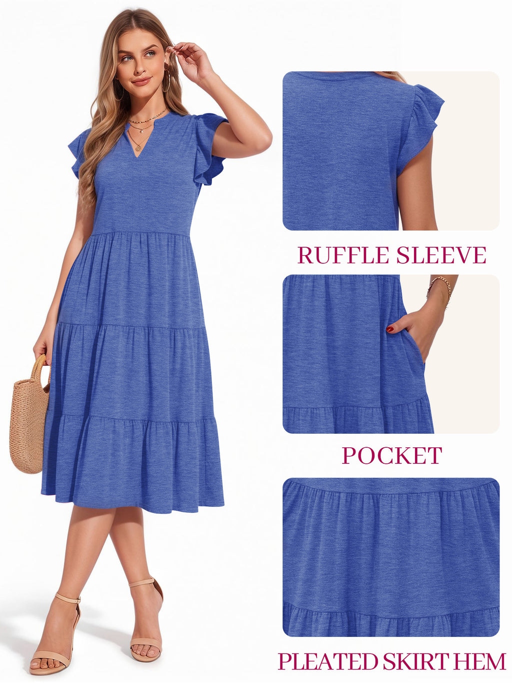 MOYIKO Summer Dresses for Women Ruffle Sleeve V Neck Midi Dresses Fashion Casual Flowy Beach Vacation Sundress with Pockets