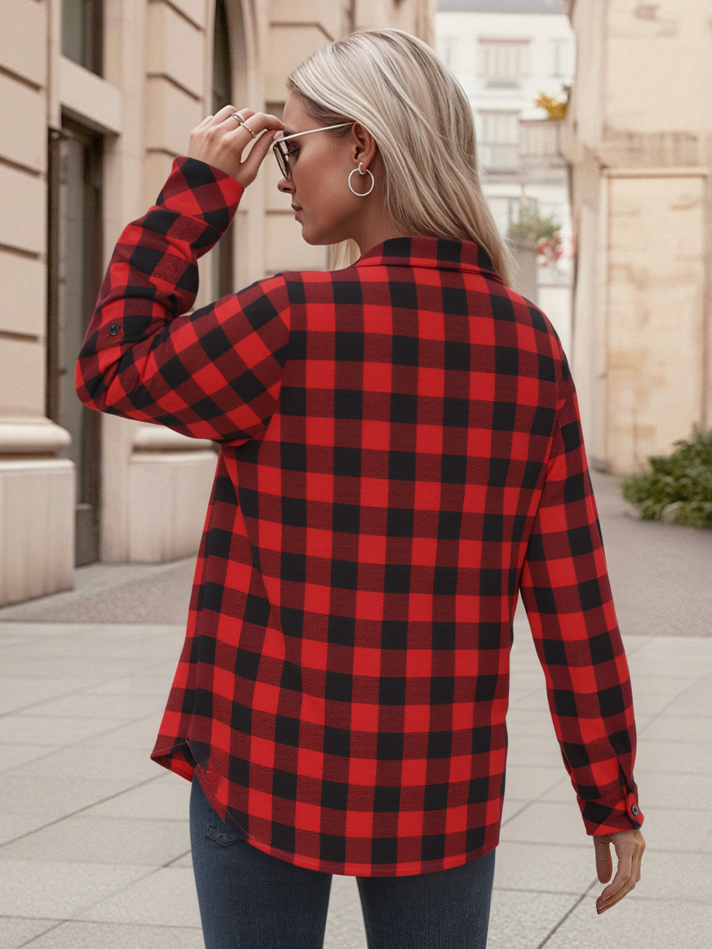 OALUXE Plaid Shirts for Women Roll Up Long Sleeve Casual Button Down Blouses Tops with Pockets