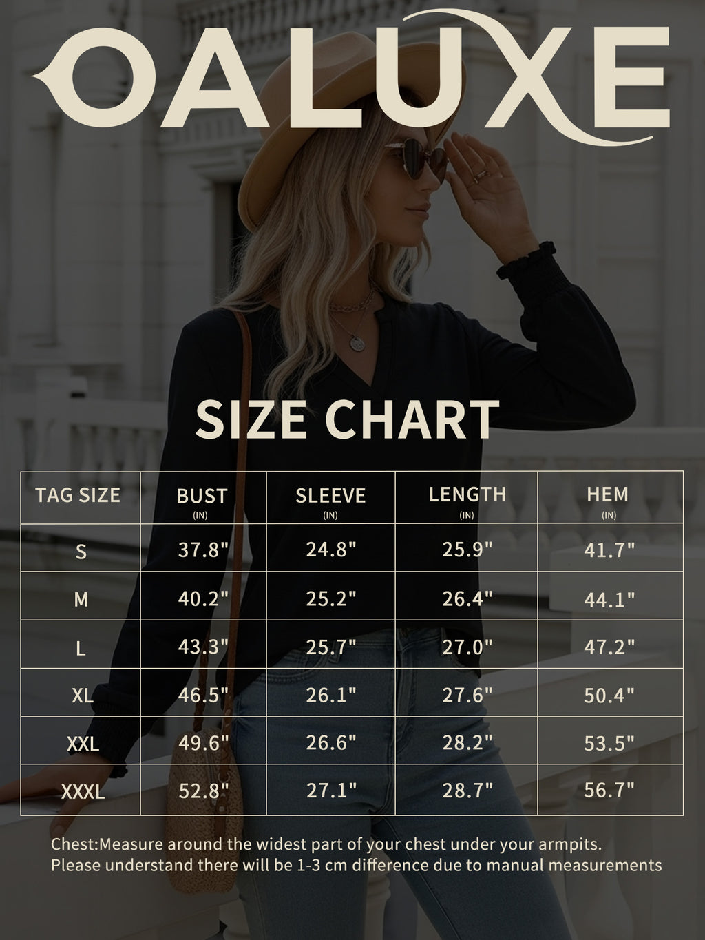 OALUXE Blouses for Women Long Sleeve Shirts V Neck Smocked Cuffs Tunic Tops