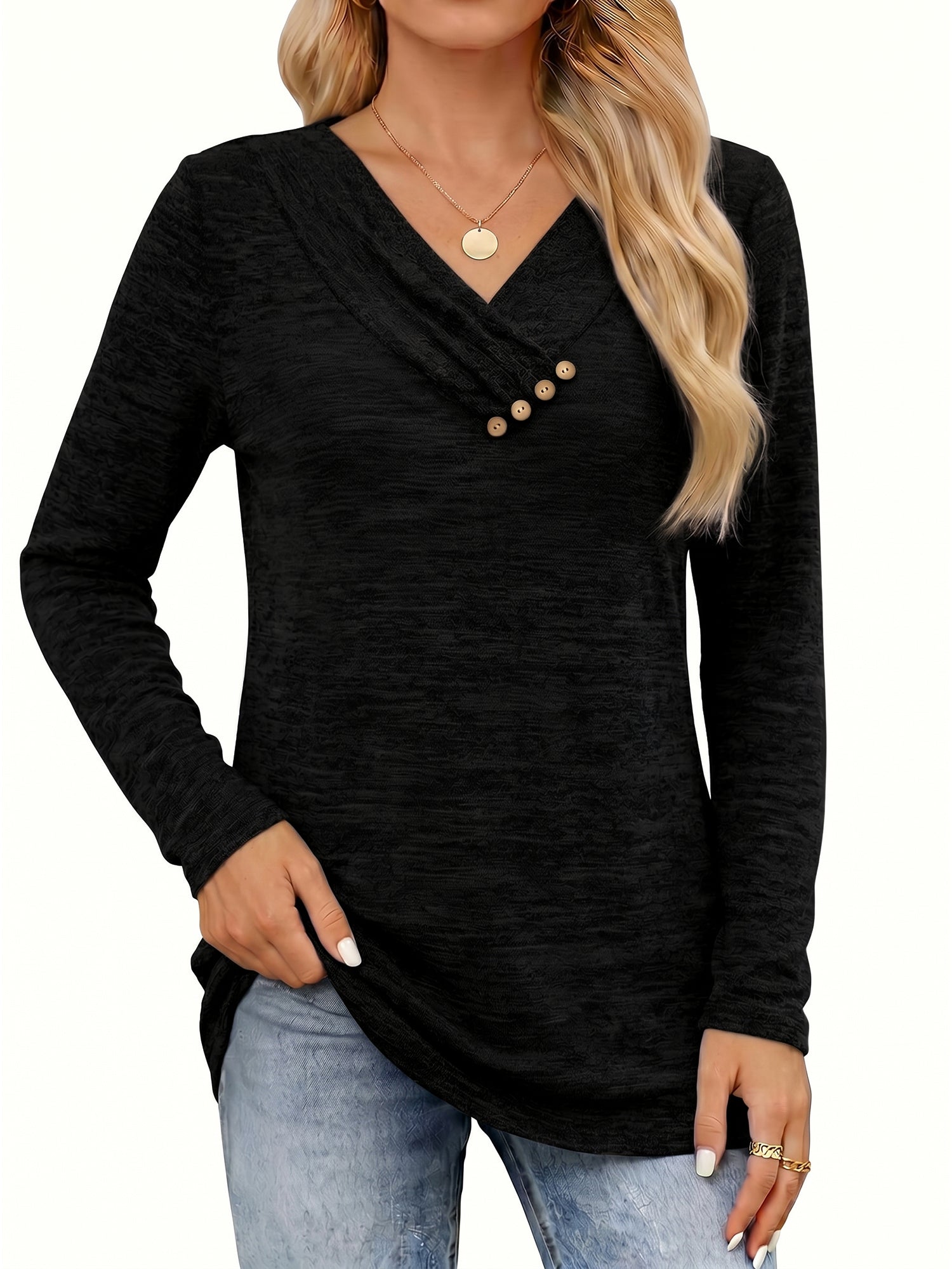 MOYIKO V Neck Blouses for Women Dressy Casual Tops Button Long Sleeve Tee Shirts Fall Top