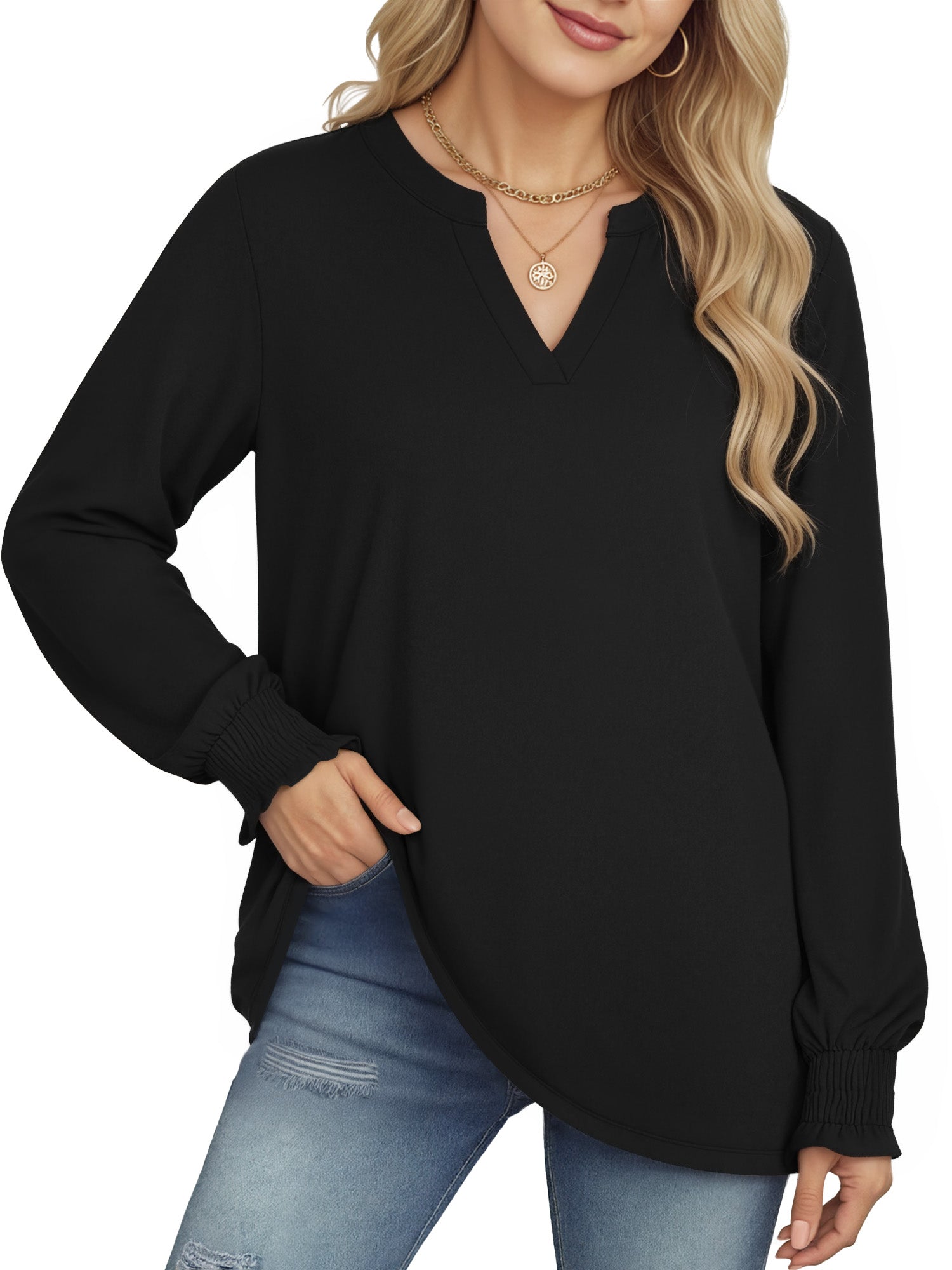 OALUXE Blouses for Women Long Sleeve Shirts V Neck Smocked Cuffs Tunic Tops