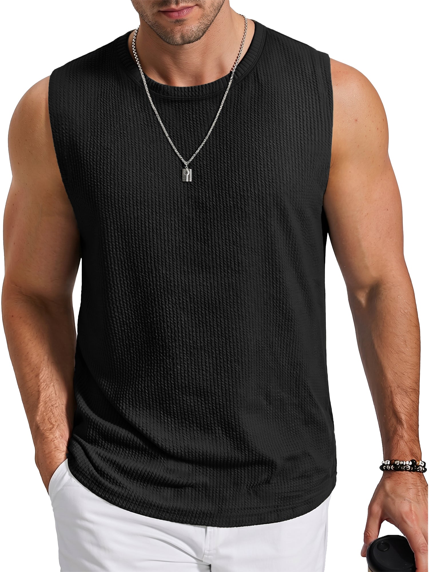 RICHCOIN Mens Tank Top Round Neck Sleeveless Muscle Shirts Lightweight Summer Beach Textured Black Tee
