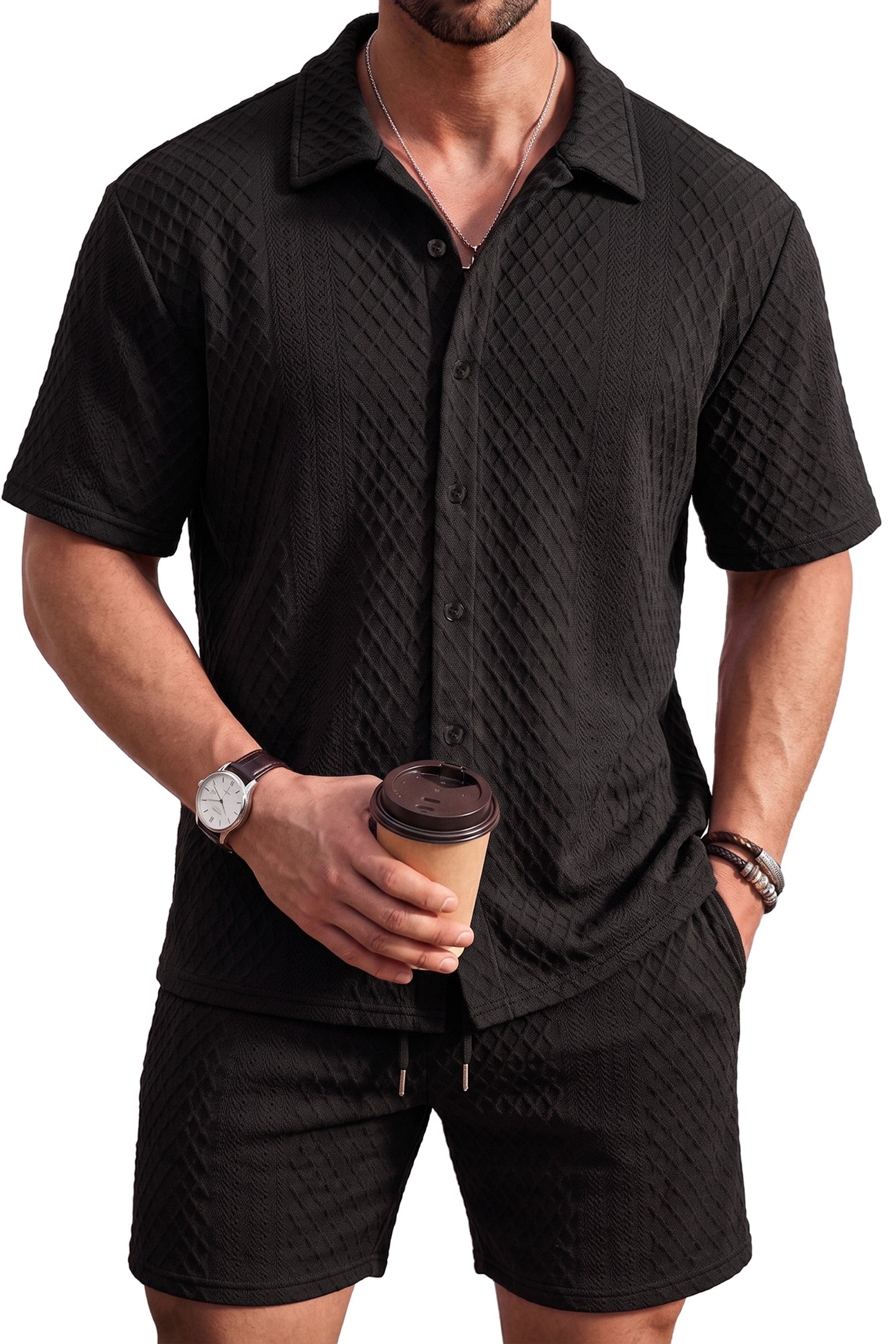 RICHCOIN Men's 2 Piece Outfits Textured Knit Short Sleeve Button Down Shirts and Shorts Old Money Casual Sets