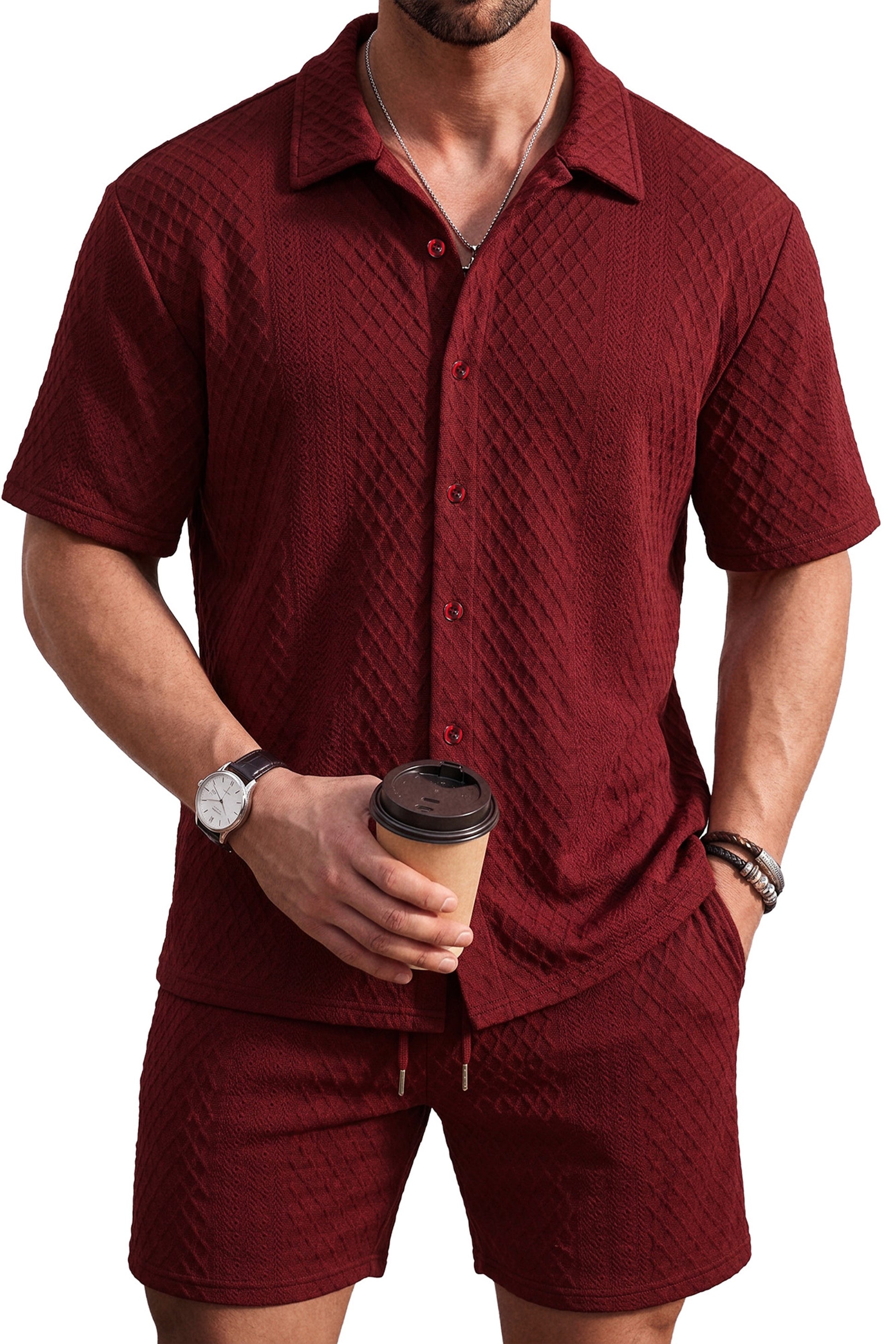 RICHCOIN Men's 2 Piece Outfits Textured Knit Short Sleeve Button Down Shirts and Shorts Old Money Casual Sets