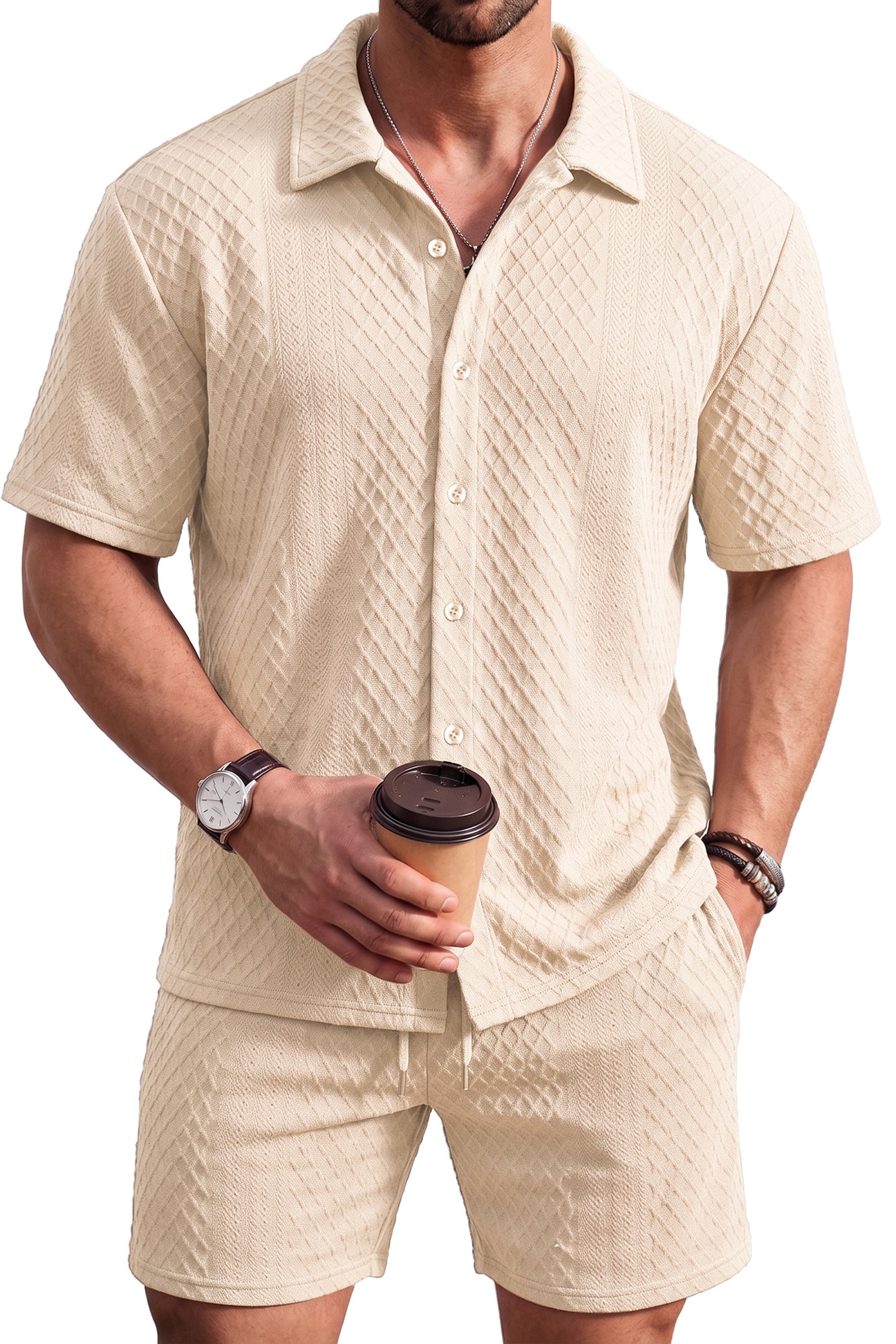 RICHCOIN Men's 2 Piece Outfits Textured Knit Short Sleeve Button Down Shirts and Shorts Old Money Casual Sets