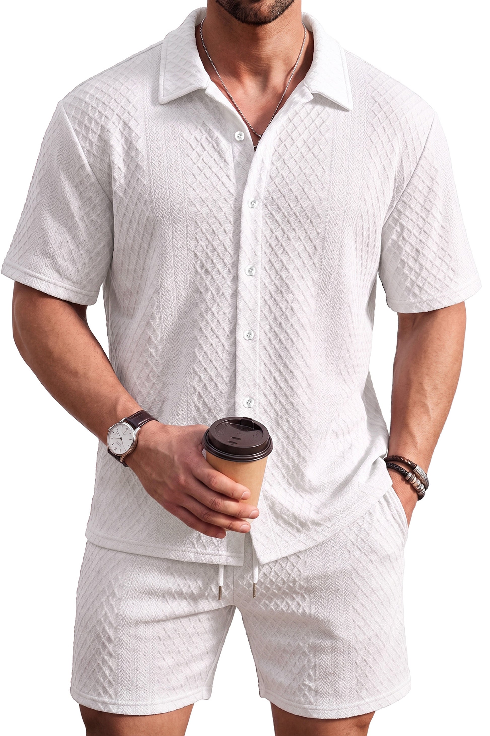 RICHCOIN Men's 2 Piece Outfits Textured Knit Short Sleeve Button Down Shirts and Shorts Old Money Casual Sets
