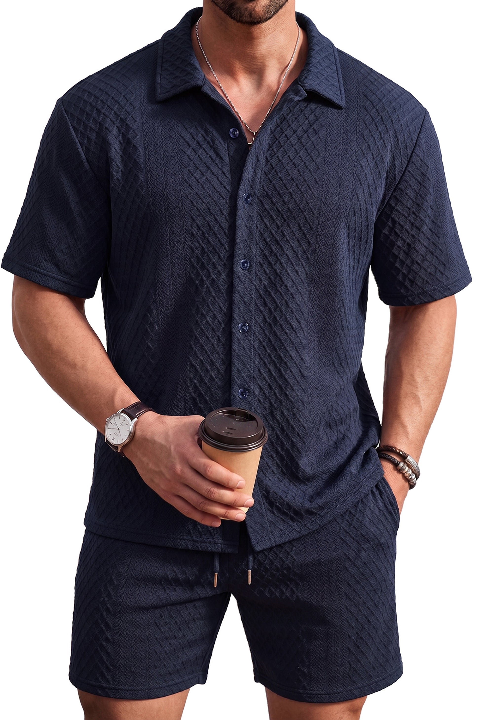 RICHCOIN Men's 2 Piece Outfits Textured Knit Short Sleeve Button Down Shirts and Shorts Old Money Casual Sets
