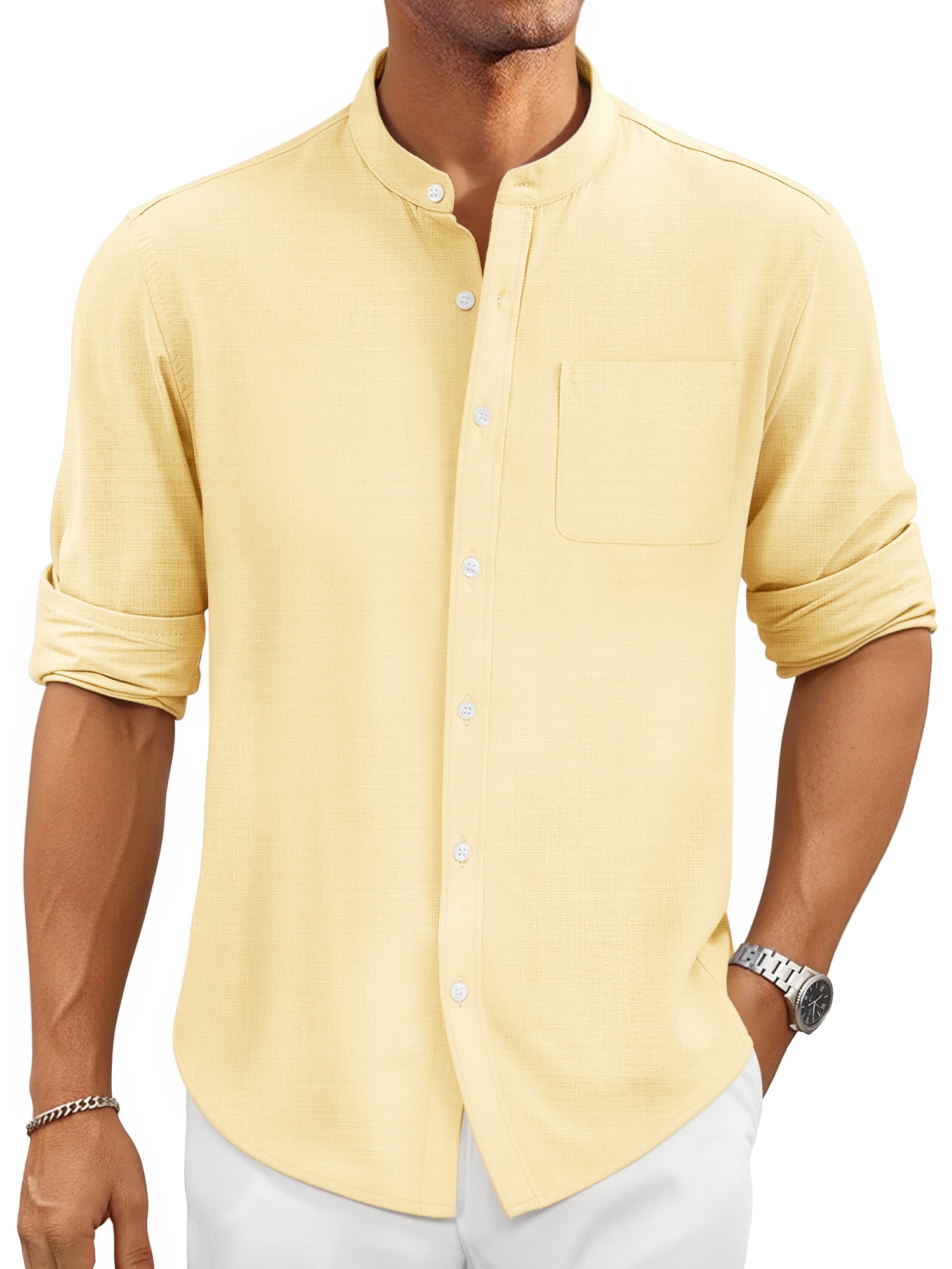 OALUXE Men's Linen Shirts Long Sleeve Button Down Shirt Band Collar Casual Summer Beach Shirts