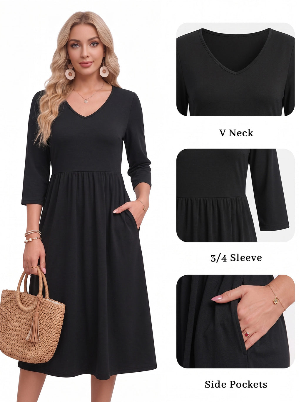 MOYIKO Dresses for Women Summer Casual Dress Floral Print 3/4 Sleeve Midi Beach Dresses