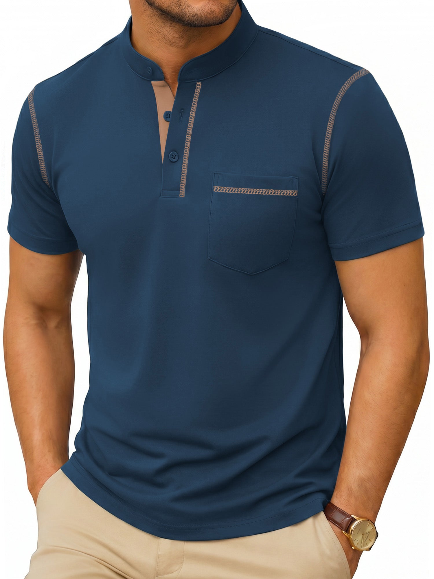 RICHCOIN Henley Men Shirts Short Sleeve T Shirts for Men Summer Tops Classic Pocket Button Casual Color Block Blue Tees