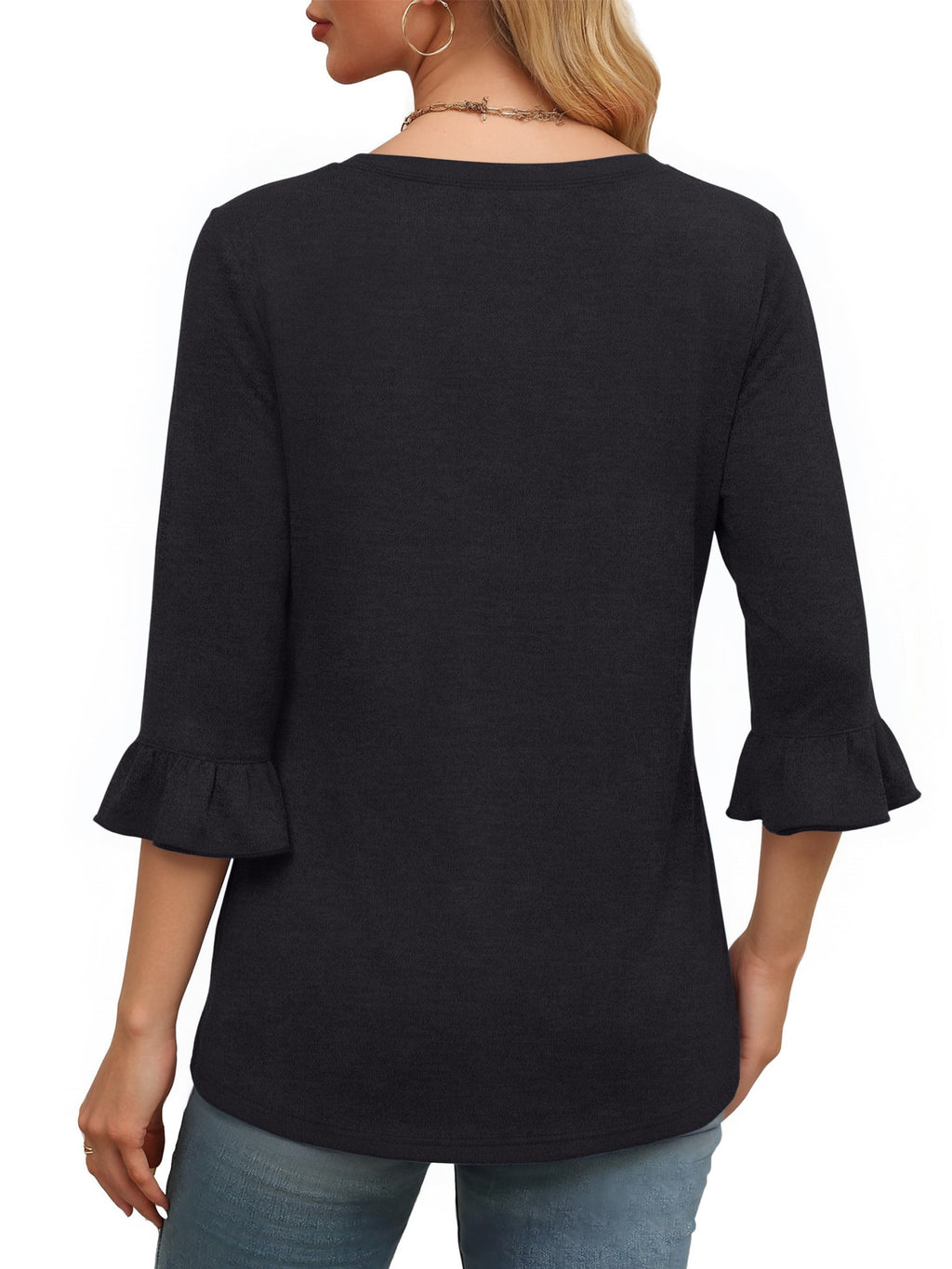 MOYIKO Pleated Blouses for Women 3/4 Length Bell Sleeve T Shirts Dressy Casual Round Neck Summer Tops