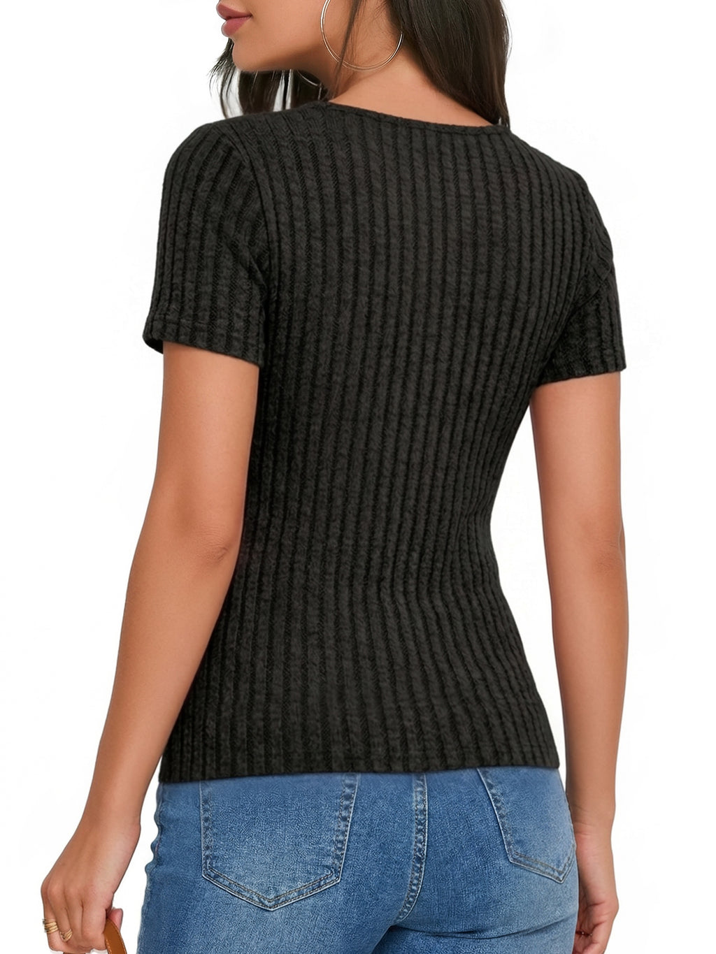 MOYIKO Womens Short Sleeve Summer Tops Trendy V Neck T Shirts Ribbed Knit Slim Fitted Dressy Casual Tees