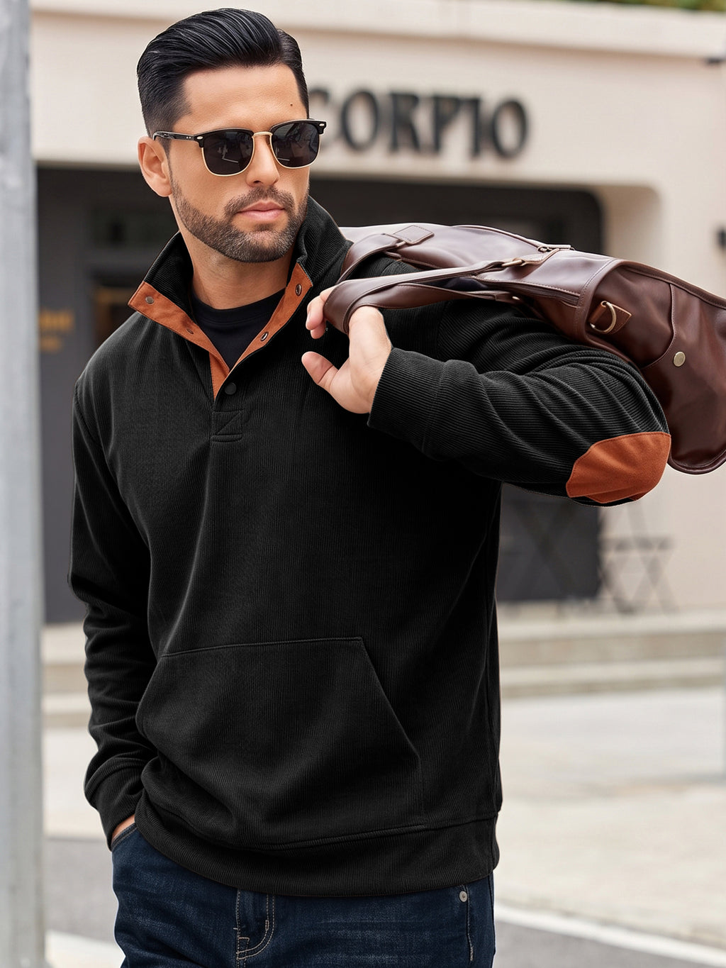 RICHCOIN Mens Corduroy Sweatshirt Long Sleeve Henley Pullover with Elbow Patch Kangaroo Pocket for Fall Winter Casual Wear