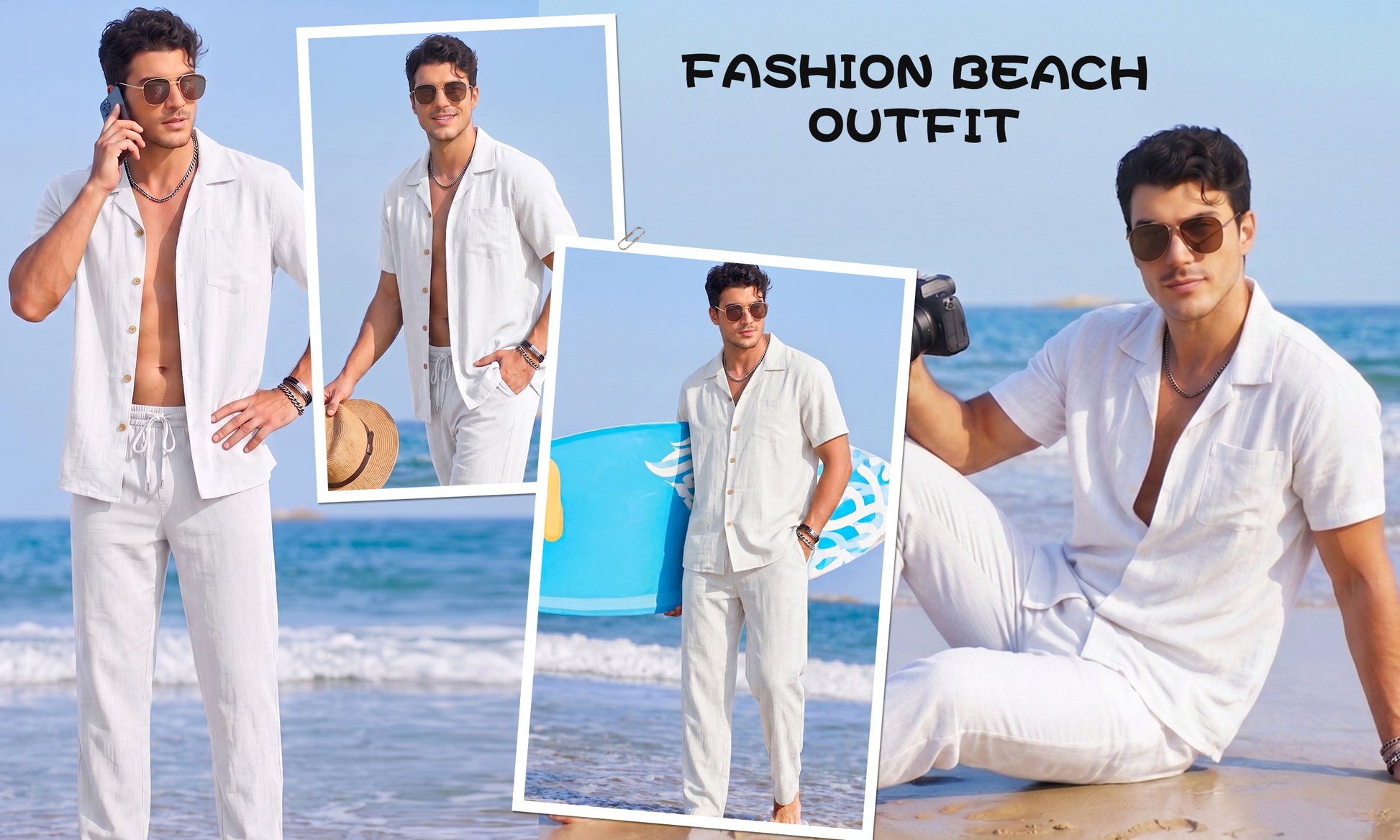 RICHCOIN Men 2 Piece Linen Outfit Beach Button Down Shirt Casual Loose Pant Sets