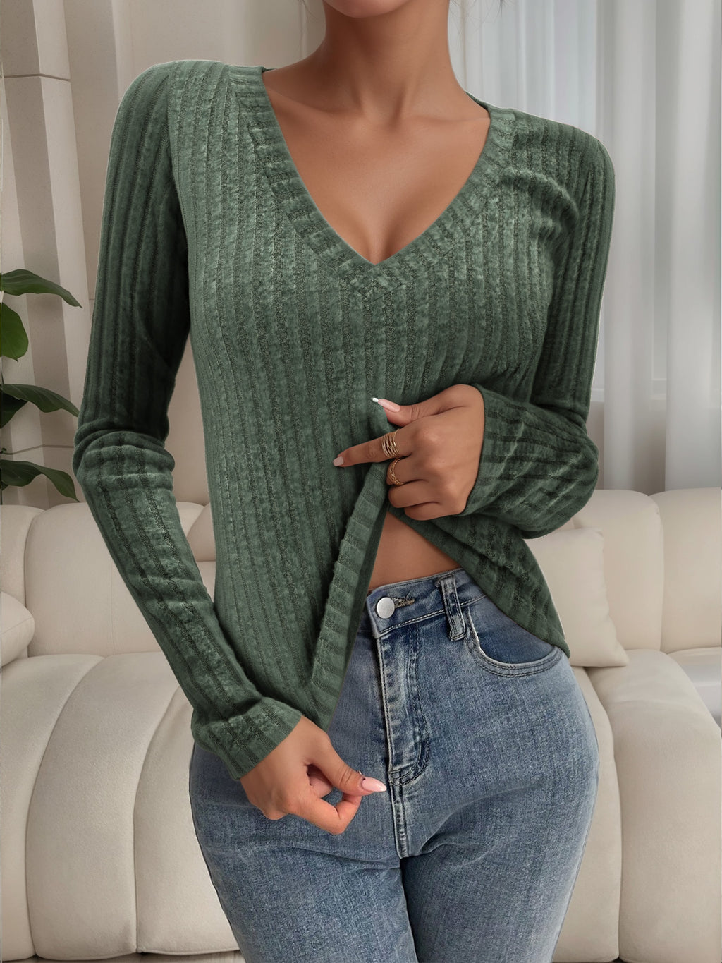 MOYIKO V Neck Long Sleeve Shirts for Women Fitted Thermal Lightweight Trendy Tops