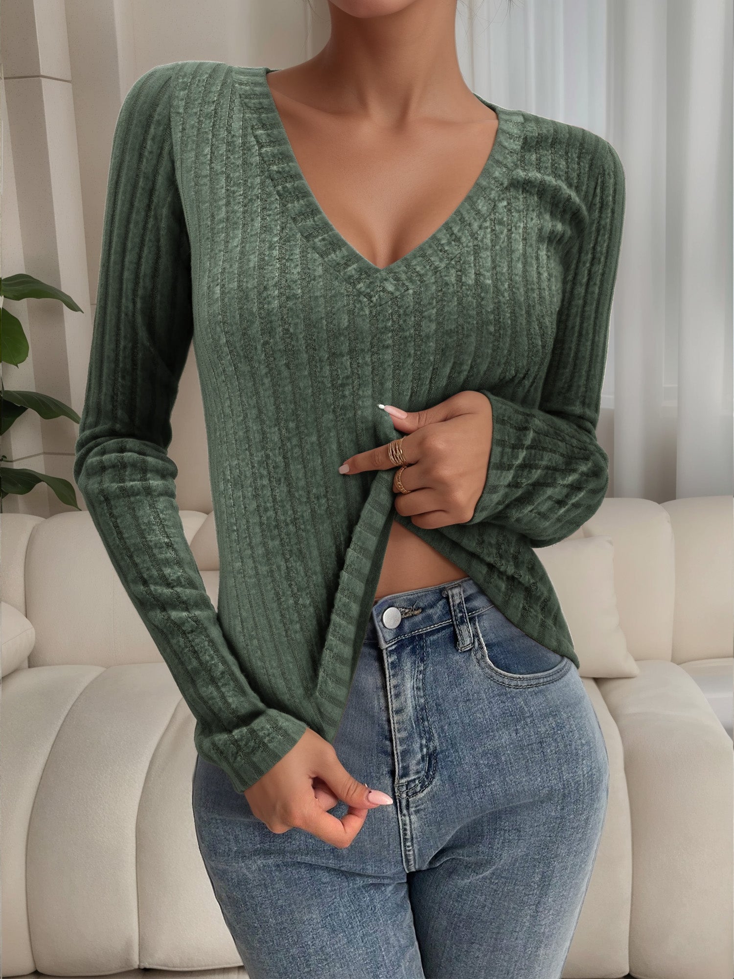 MOYIKO V Neck Long Sleeve Shirts for Women Fitted Thermal Lightweight Trendy Tops
