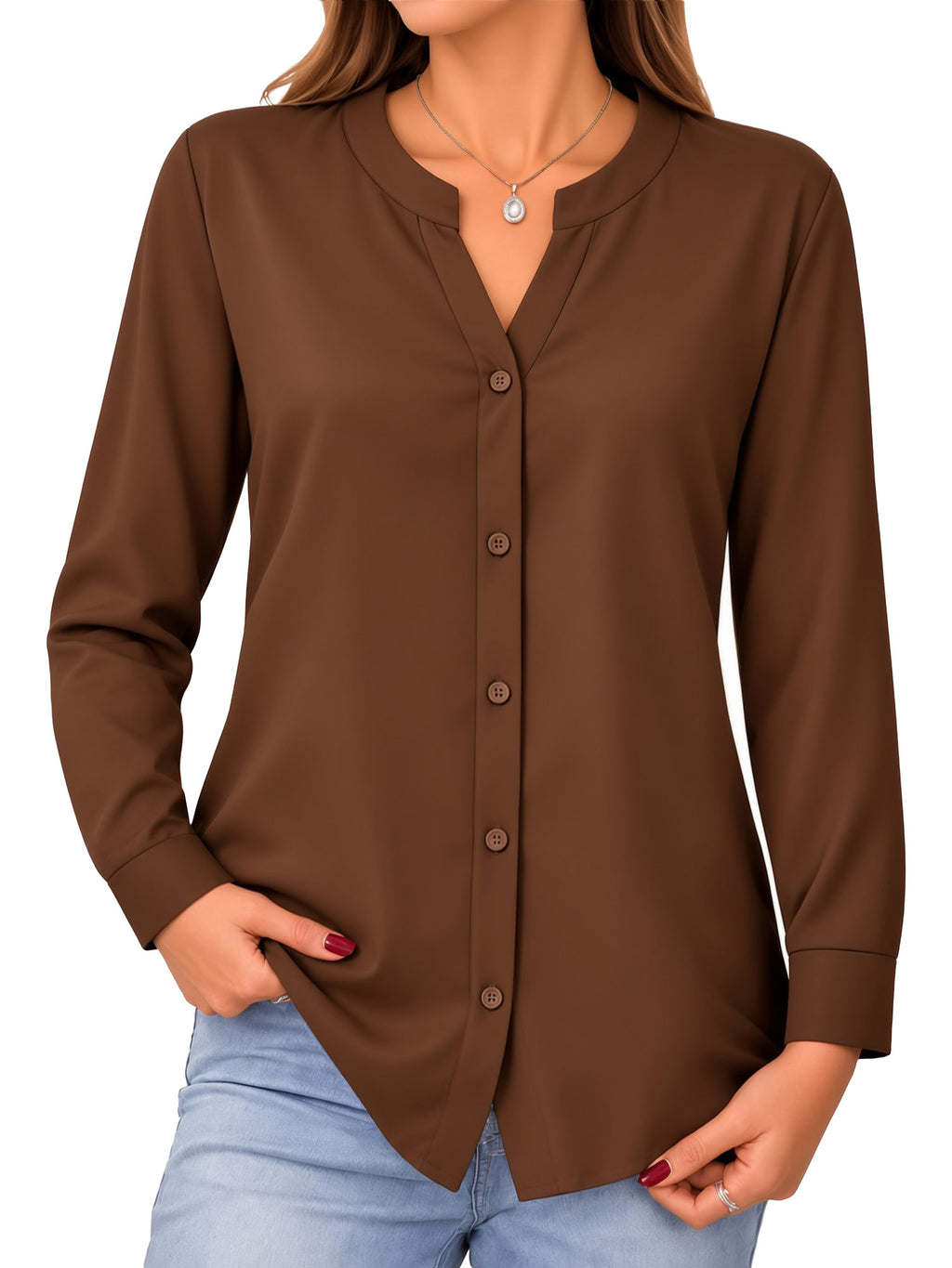 MOYIKO Womens Satin Button Down Shirts Long Sleeve Notched V Neck Dressy Business Office Fall Wear Tops