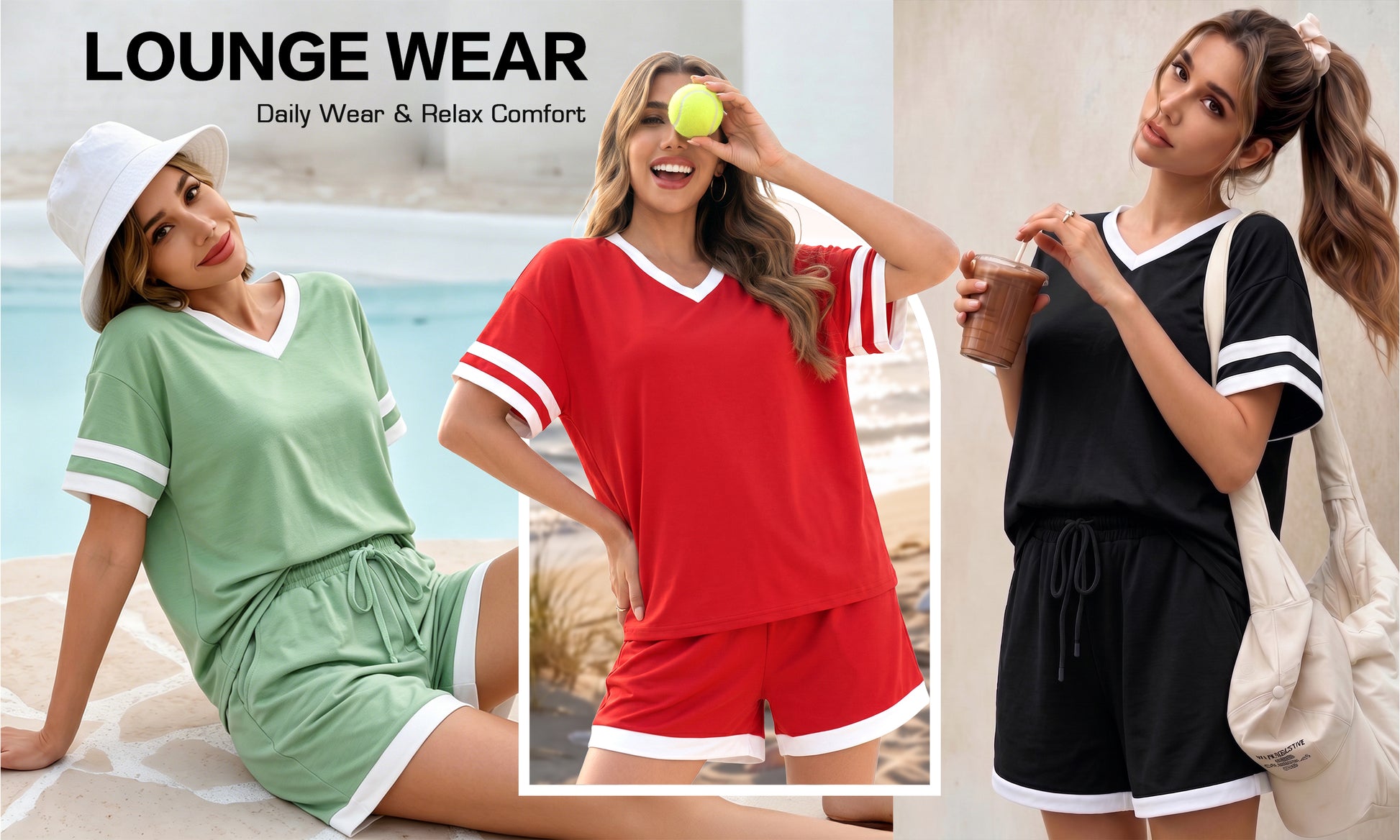MOYIKO Women 2 Piece Short Sets V Neck Color Block Matching Lounge Sets Casual Summer Sweatsuit with Pocket