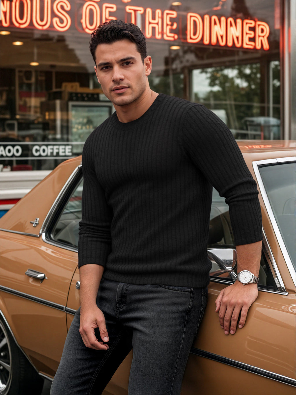 OALUXE Ribbed Long Sleeve Shirts for Men Crewneck Undershirts Thermal Basic Tops