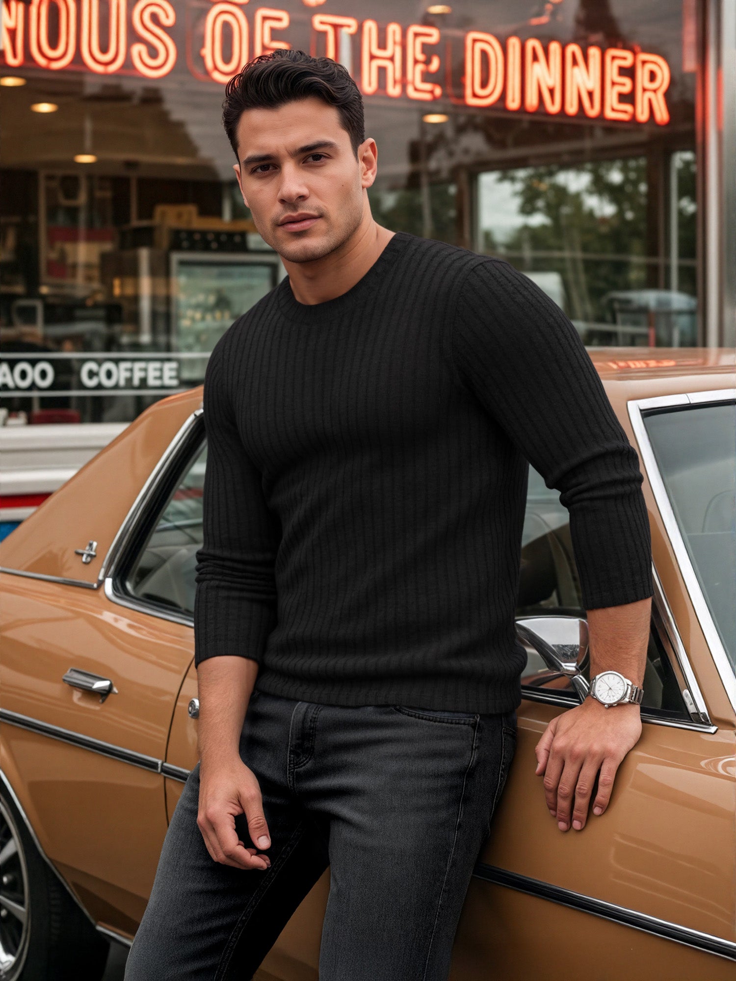 OALUXE Ribbed Long Sleeve Shirts for Men Crewneck Undershirts Thermal Basic Tops