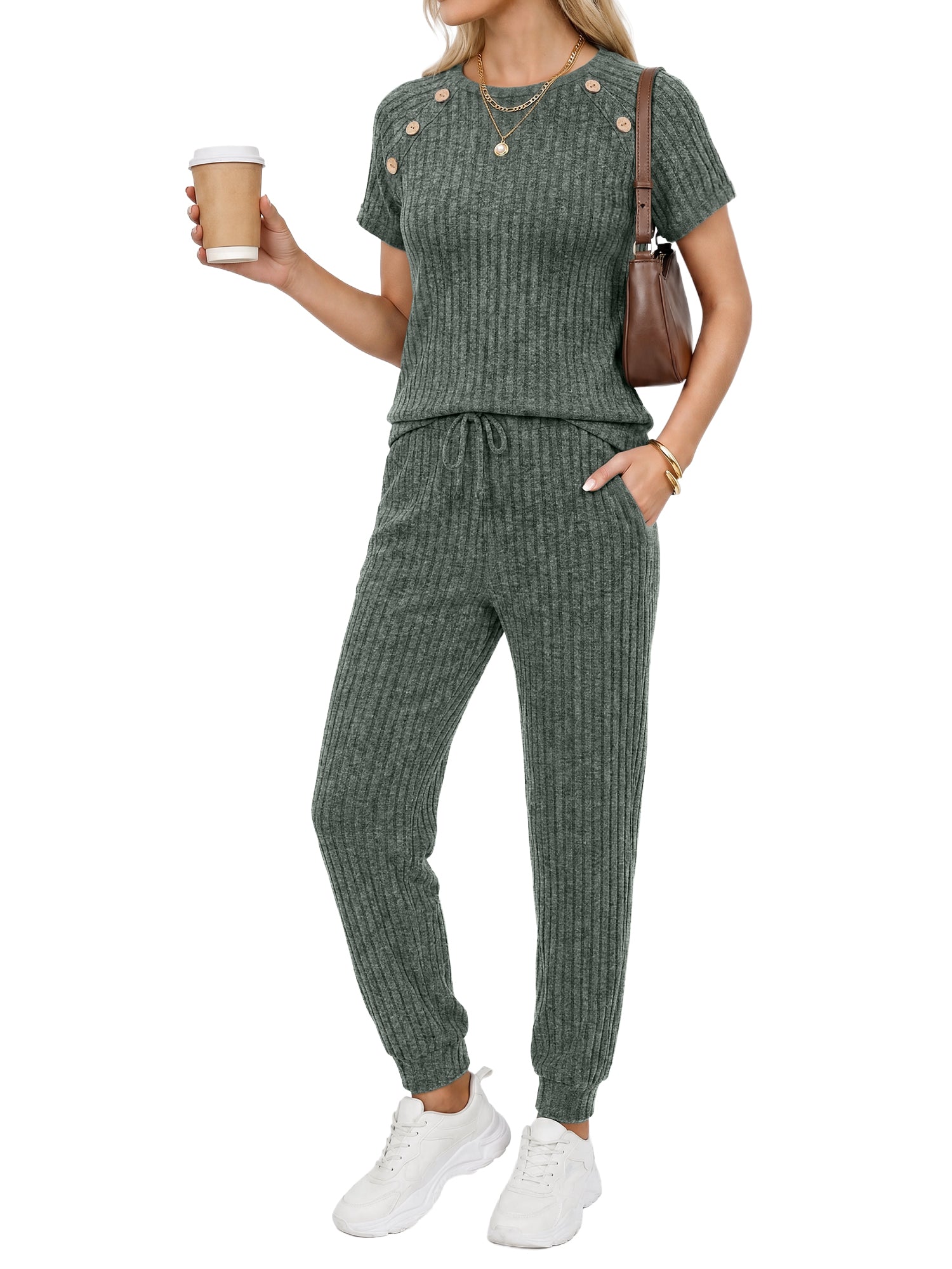 MOYIKO 2 Piece Sets for Women Summer Outfits Fashion Lounge Sets Crew Neck Tops Long Pants Tracksuit Vacation Travel Outfits