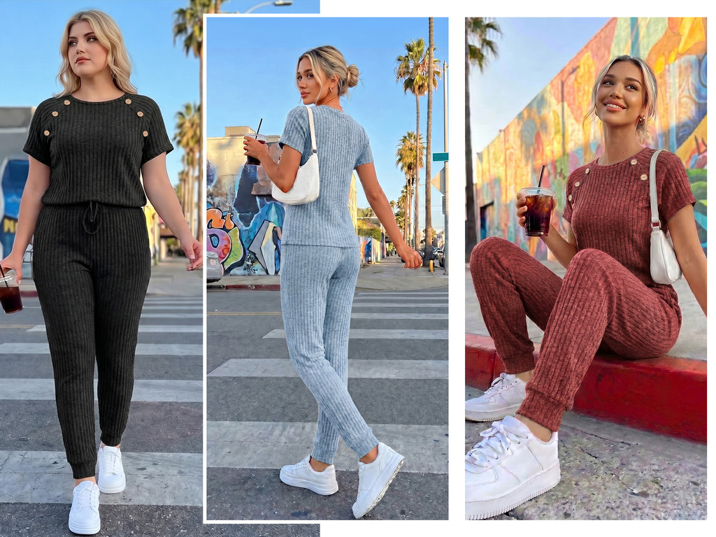 MOYIKO 2 Piece Sets for Women Summer Outfits Fashion Lounge Sets Crew Neck Tops Long Pants Tracksuit Vacation Travel Outfits