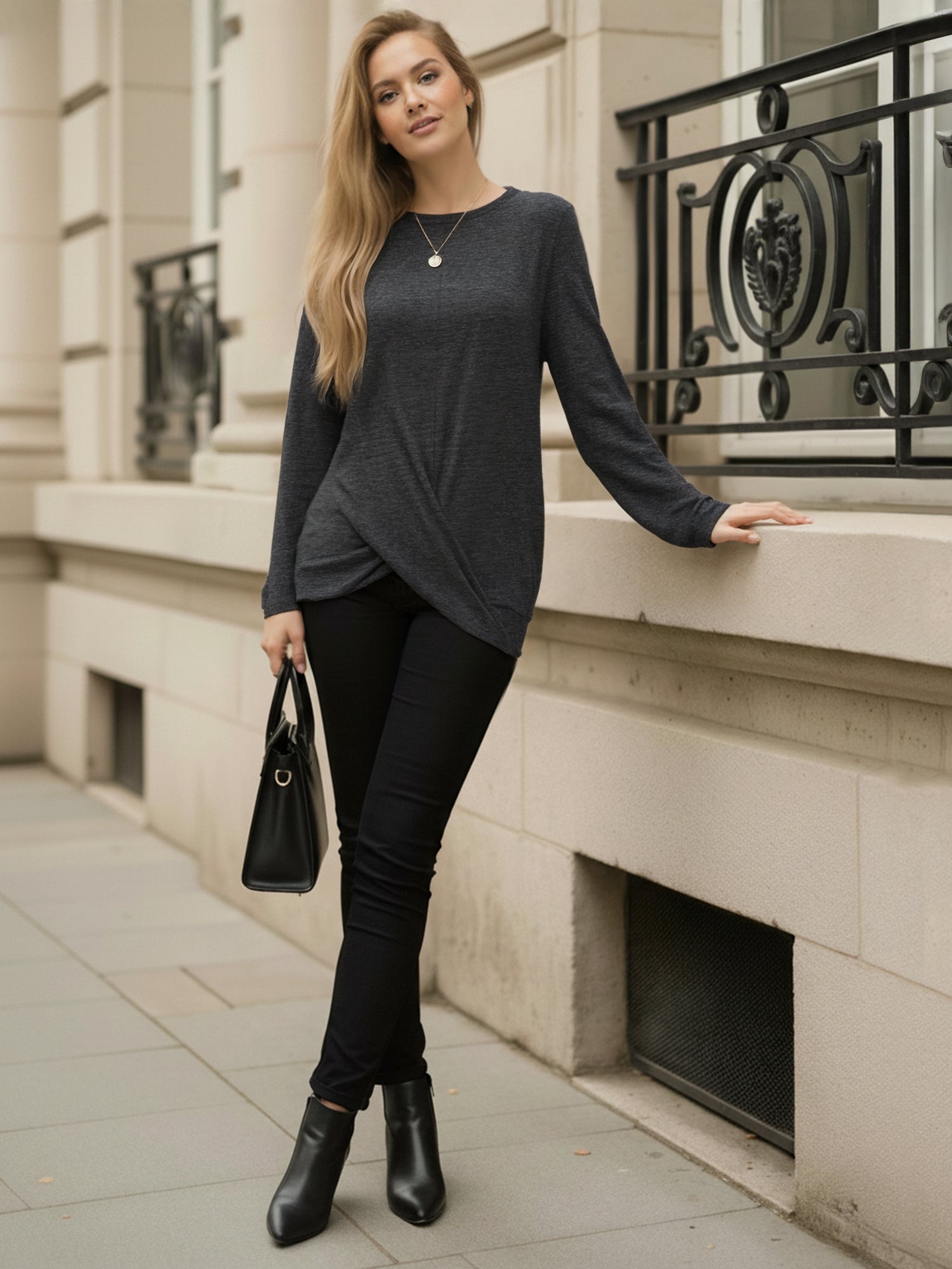 OALUXE Long Sleeve Shirts for Women Dressy Casual Tunic Tops Crewneck Front Twist Blouses