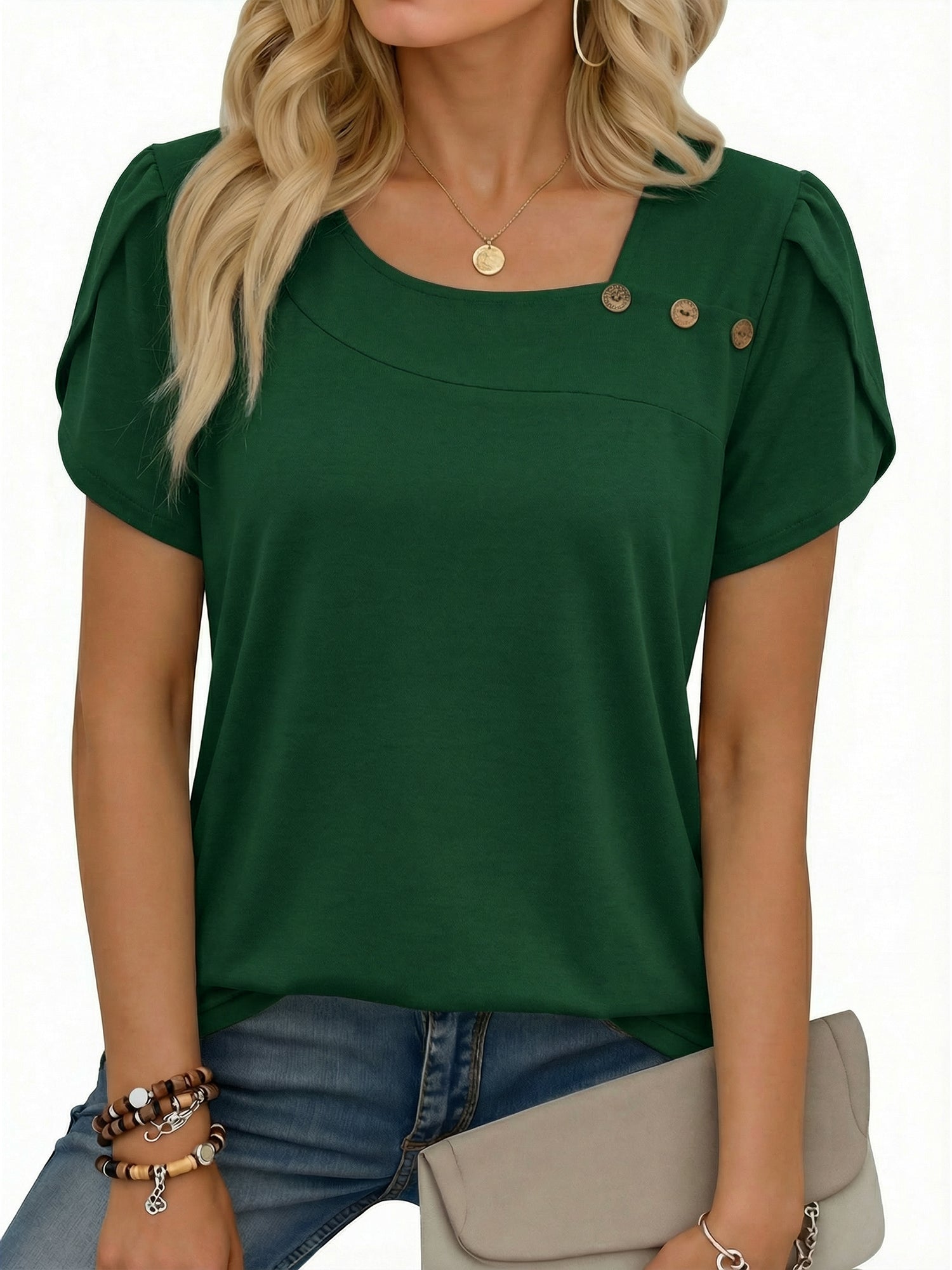 MOYIKO Womens Petal Sleeve Tops Summer Trendy T Shirt Casual Loose Square Neck Button Blouse Tees