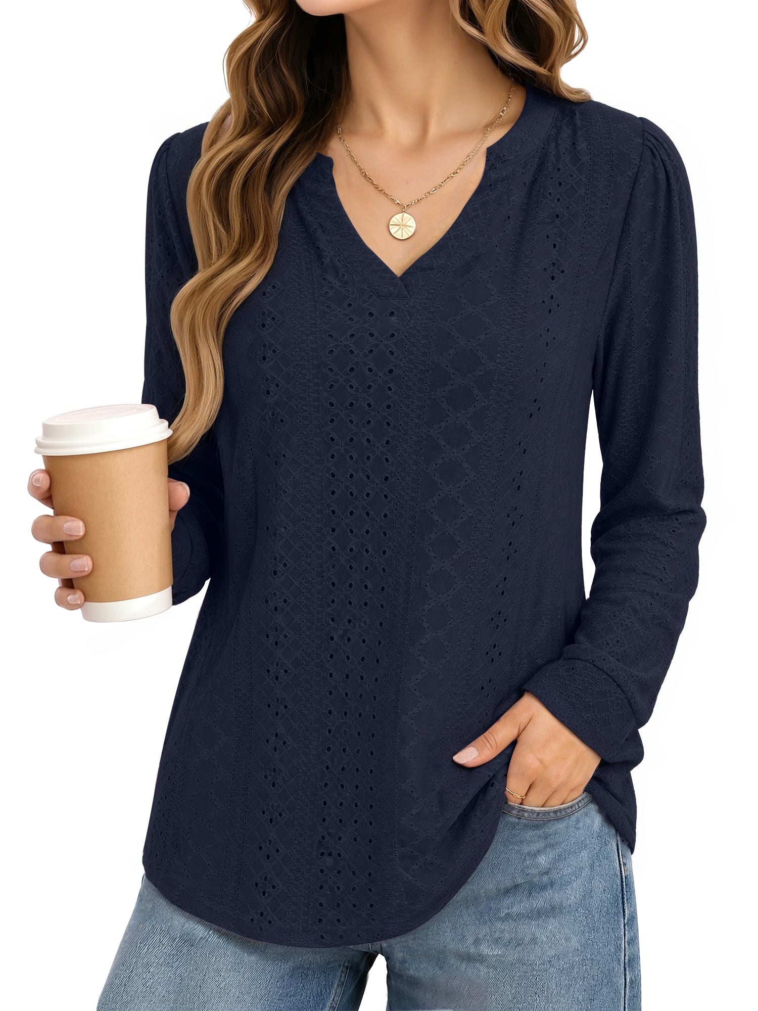 MOYIKO Eyelet Blouses for Women Dressy Casual Long Sleeve Shirts Bean Pink V Neck Fall Trendy Tops