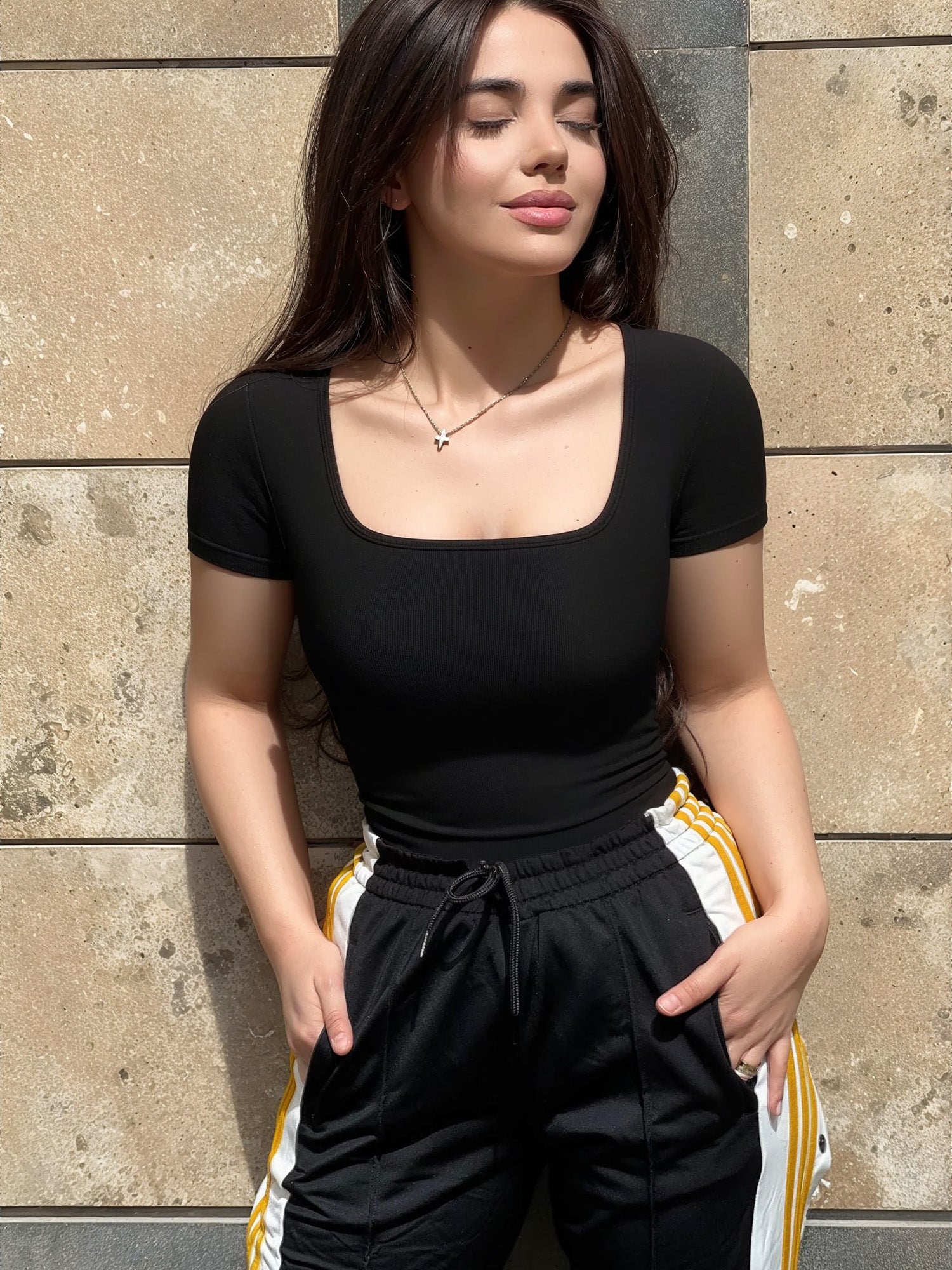 MOYIKO Square Neck Tops for Women Slim Fitted T Shirts Short Sleeve Tight Summer Tees