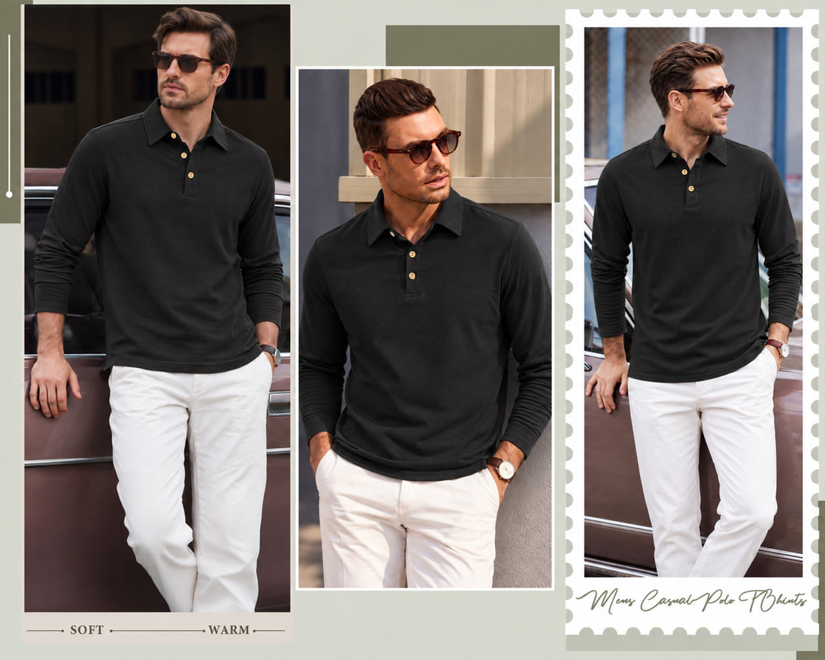 RICHCOIN Men's Polo Shirts Long Sleeve Basic Casual Cotton Pullover Tops