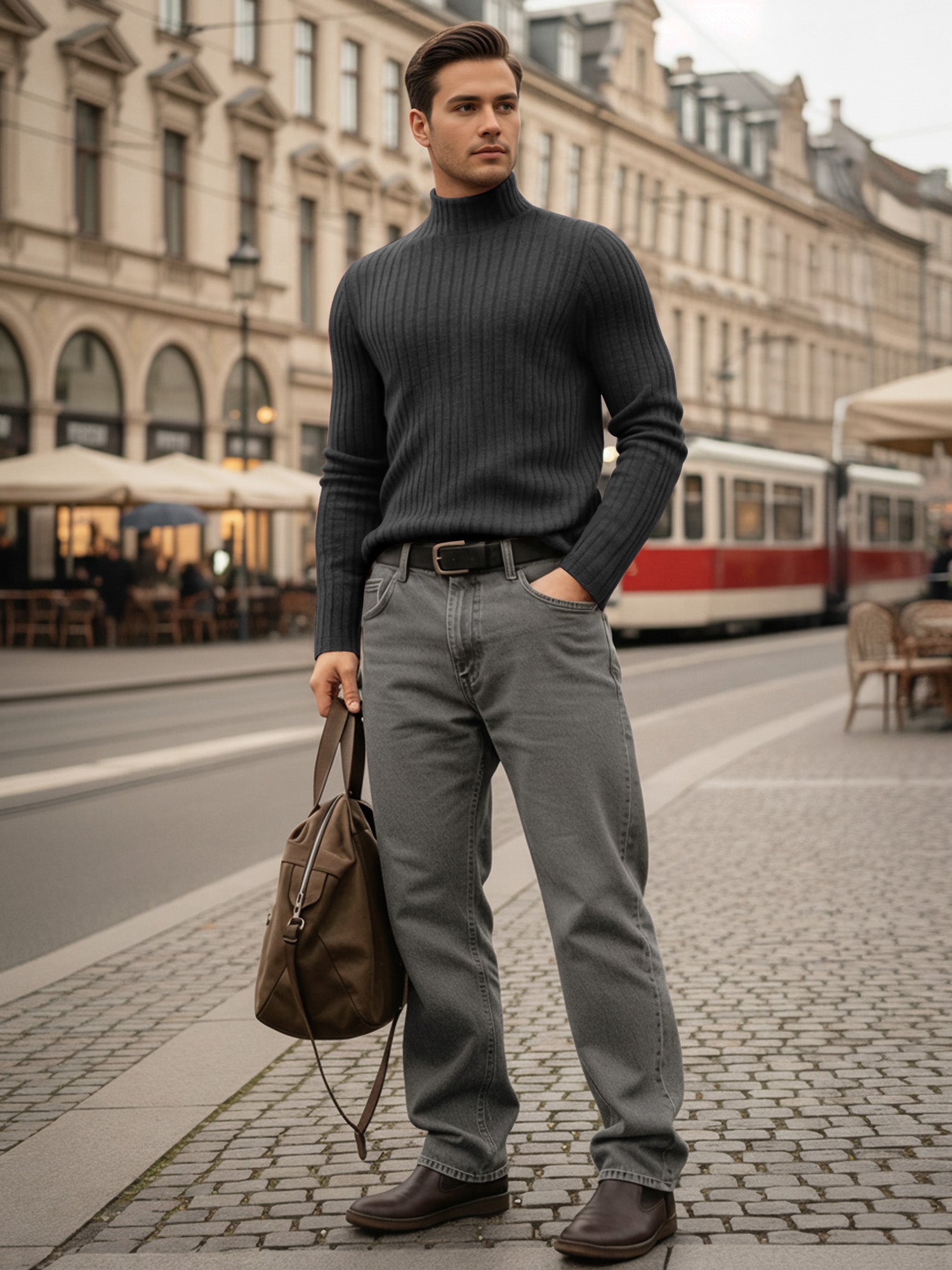 OALUXE Turtleneck Ribbed Long Sleeve Shirts for Mens Undershirts Knit Thermal Fitted Basic Tops